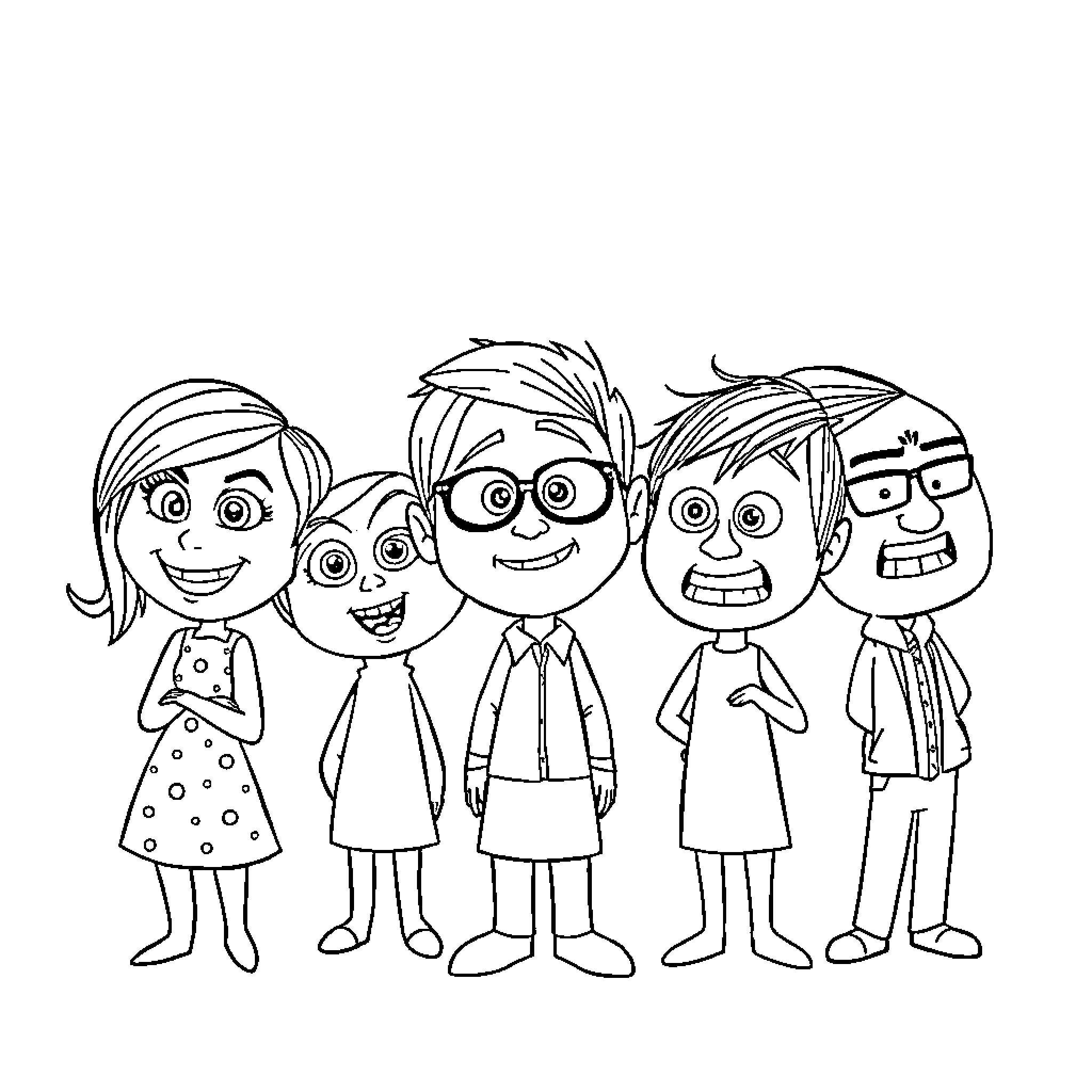 Inside Out Characters Expressing Emotions Coloring Page (free black-and-white line drawing printable PDF for all, from beginners to advanced learners, including children, teens, adults, and seniors)