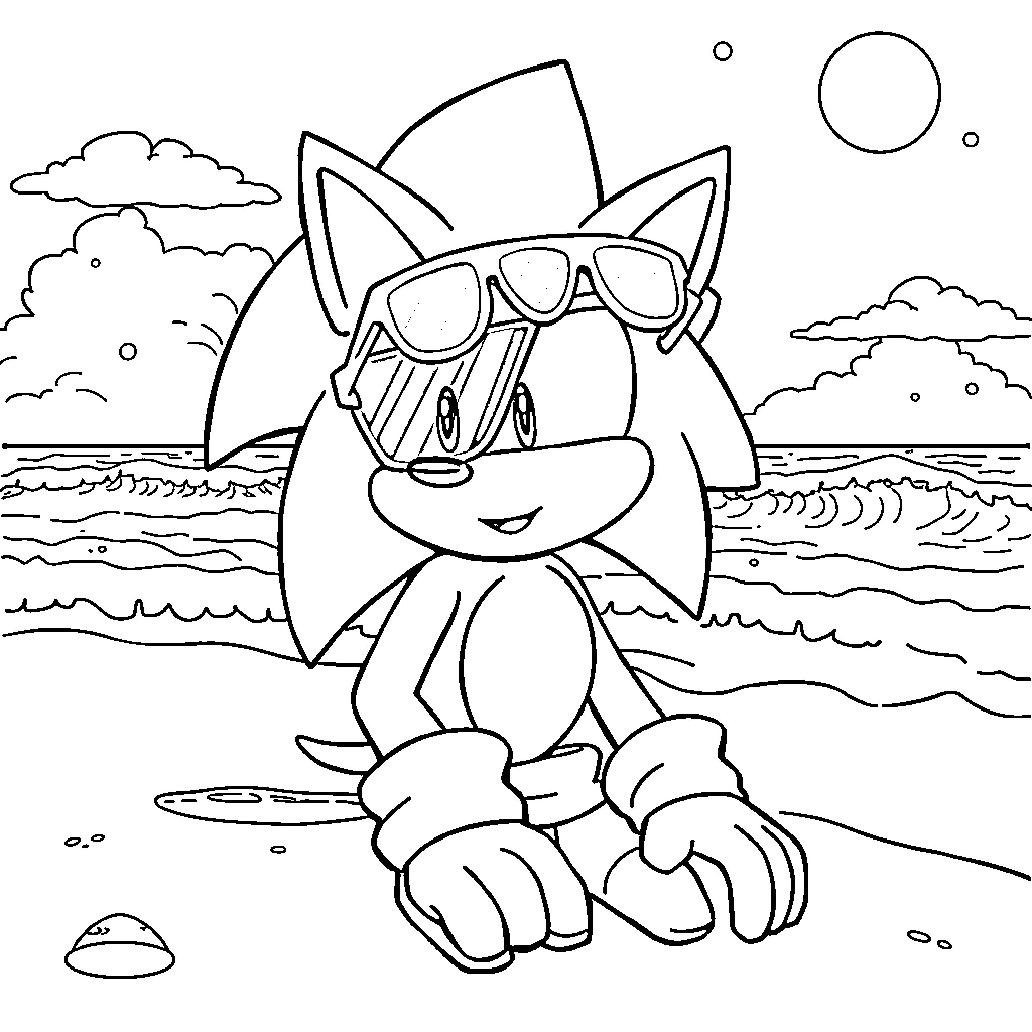Sonic enjoying the beach with sunglasses Coloring Page (free black-and-white line drawing printable PDF for all, from beginners to advanced learners, including children, teens, adults, and seniors)