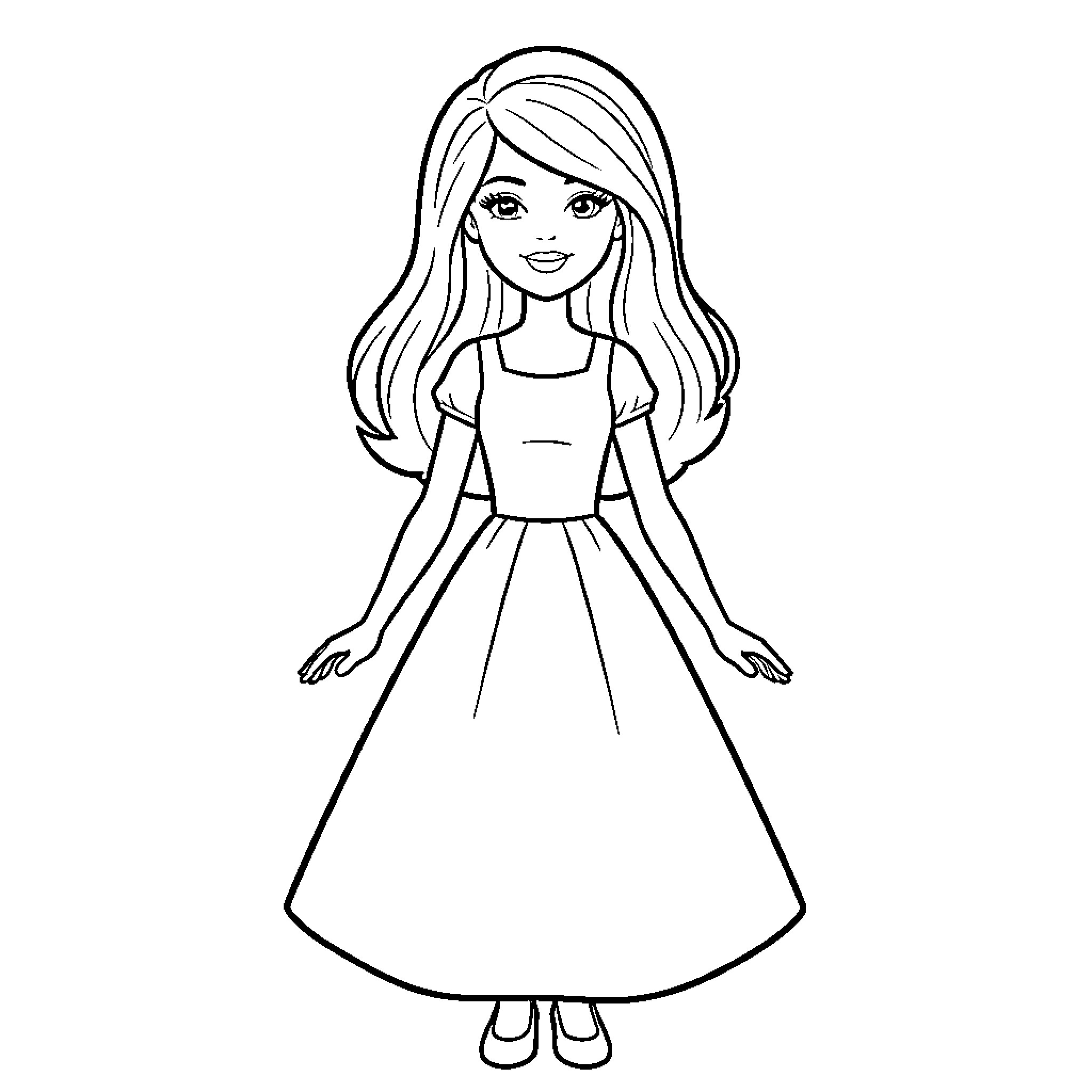 Barbie doll standing in a simple dress Coloring Page (free black-and-white line drawing printable PDF for all, from beginners to advanced learners, including children, teens, adults, and seniors)