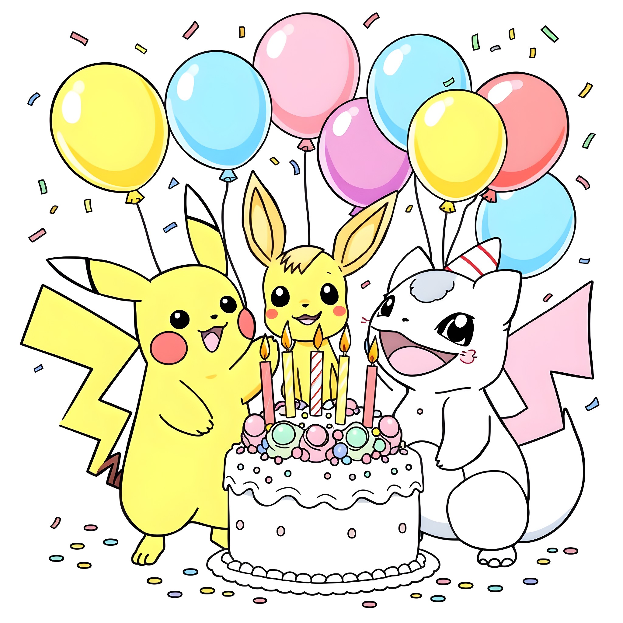 Pikachu and friends celebrate a birthday party with balloons Coloring Page (free black-and-white line drawing printable PDF for all, from beginners to advanced learners, including children, teens, adults, and seniors)