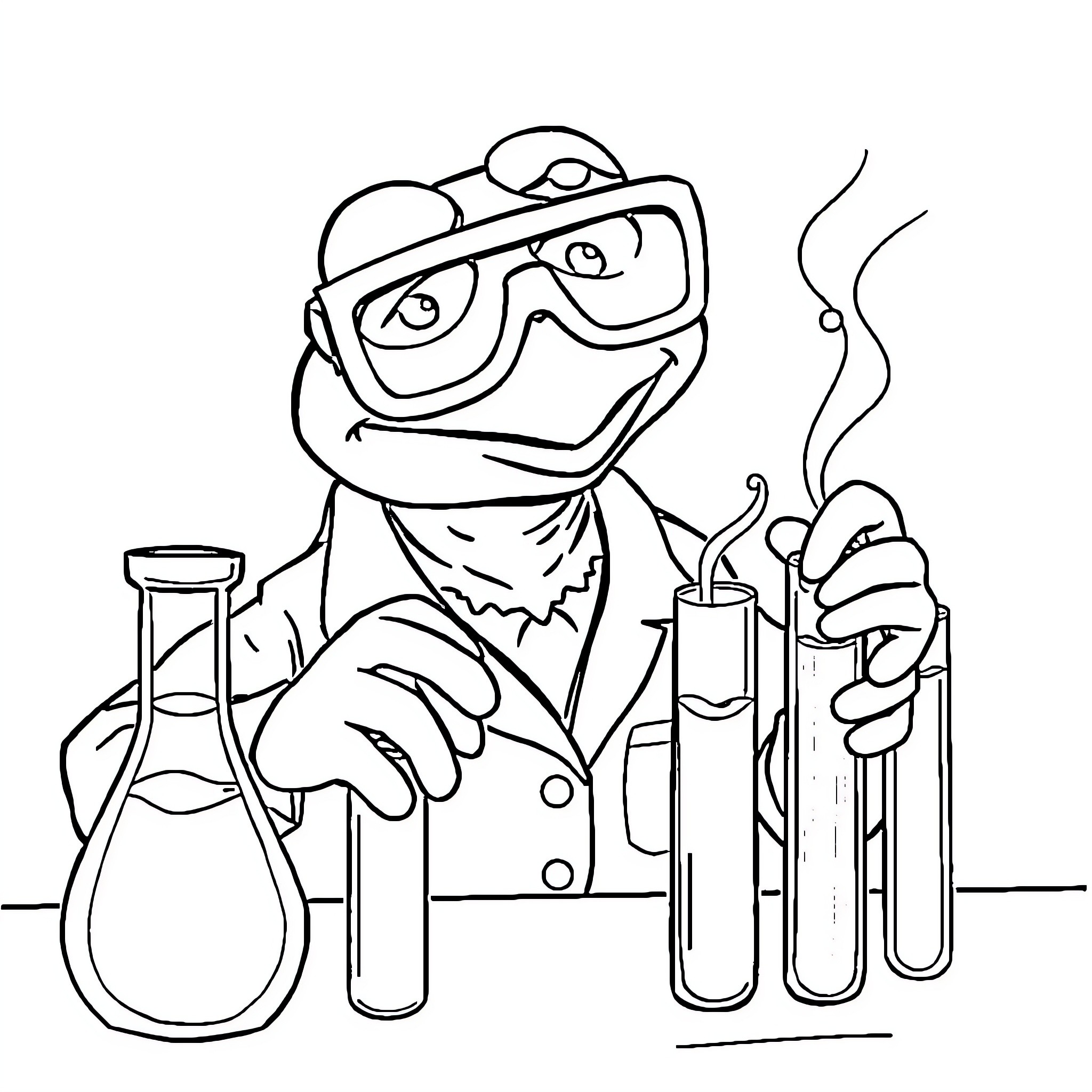 Kermit the Frog conducting scientific experiments Coloring Page (free black-and-white line drawing printable PDF for all, from beginners to advanced learners, including children, teens, adults, and seniors)