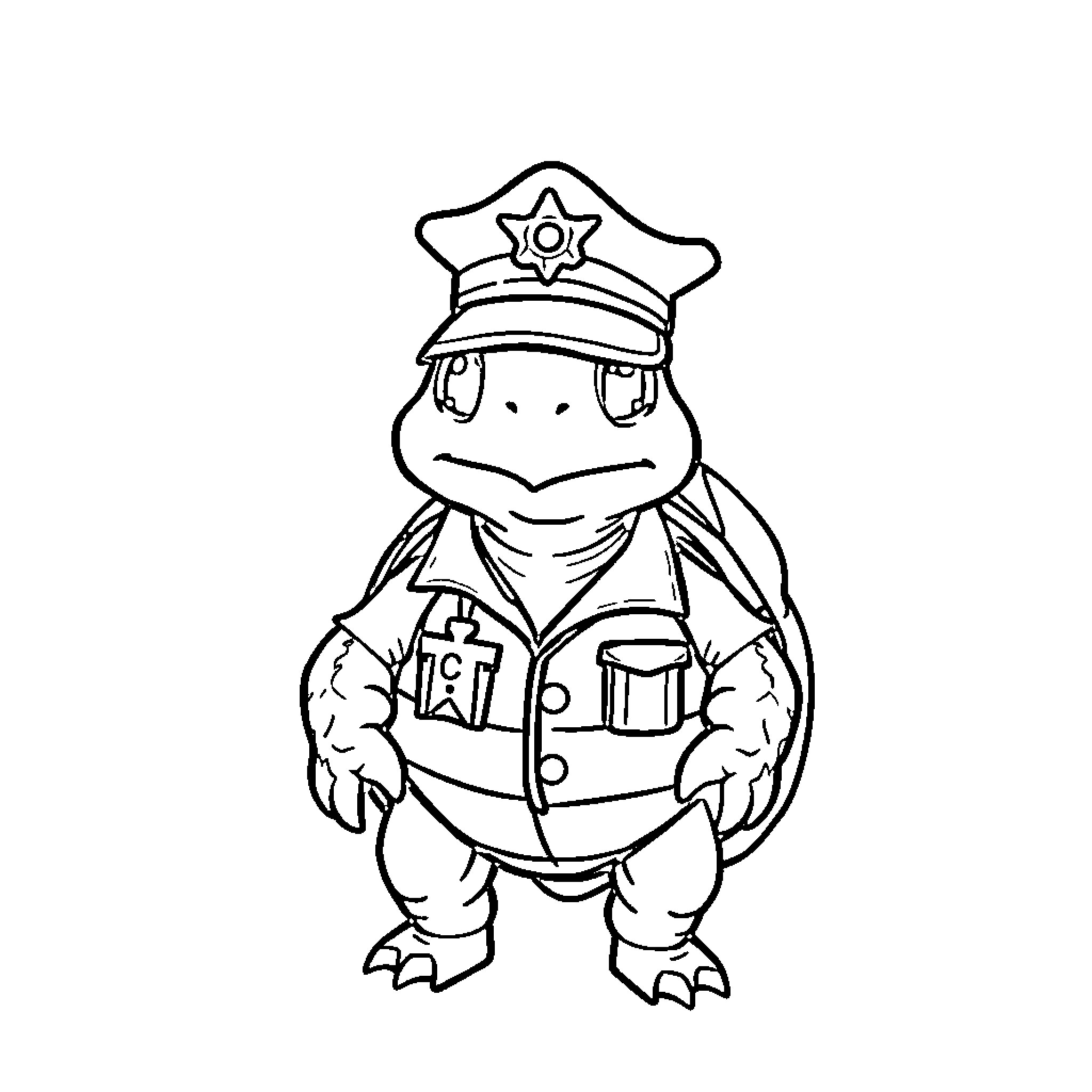 Police Turtle in Law Enforcement Uniform Coloring Page (free black-and-white line drawing printable PDF for all, from beginners to advanced learners, including children, teens, adults, and seniors)