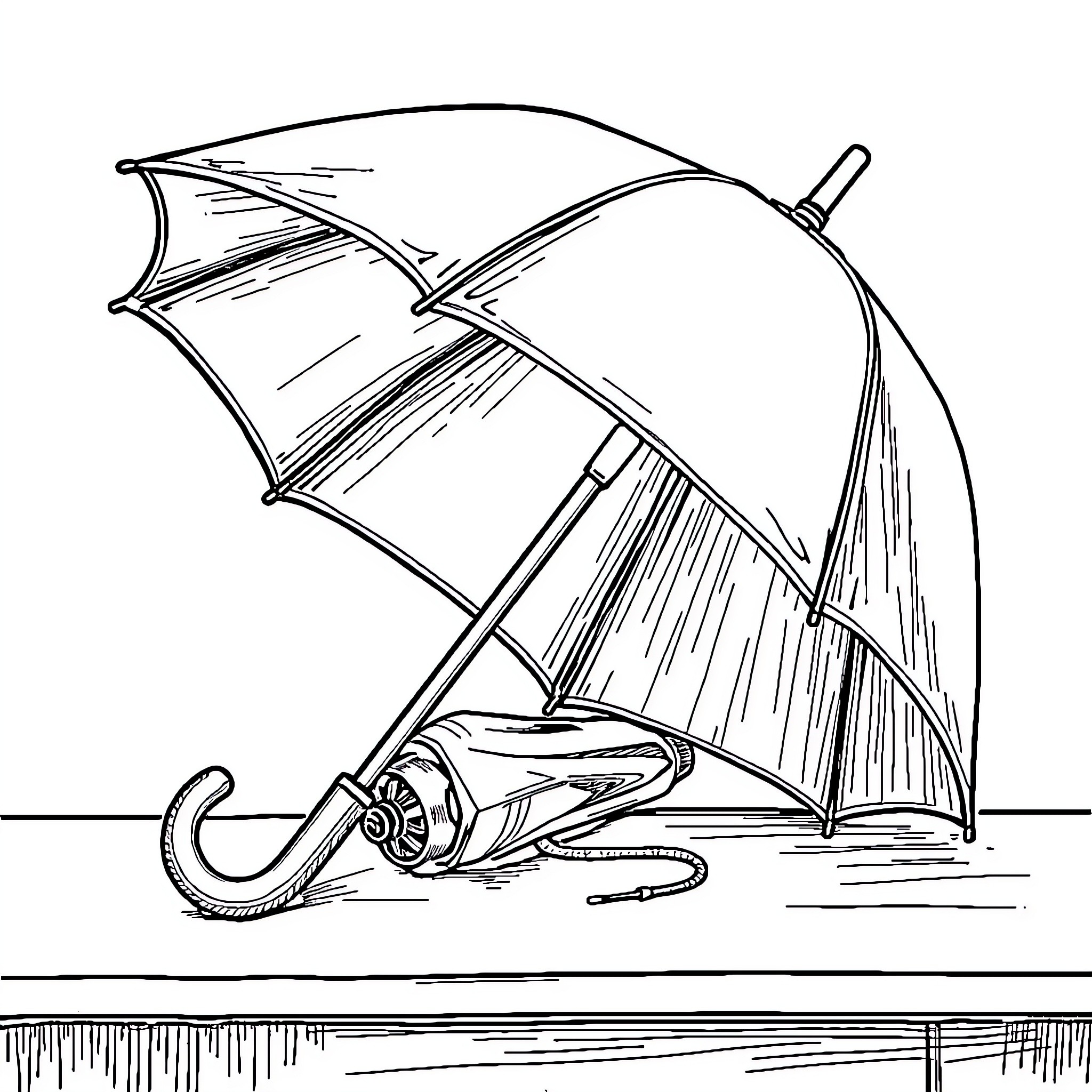 Umbrella blowing in the wind on rainy day Coloring Page (free black-and-white line drawing printable PDF for all, from beginners to advanced learners, including children, teens, adults, and seniors)