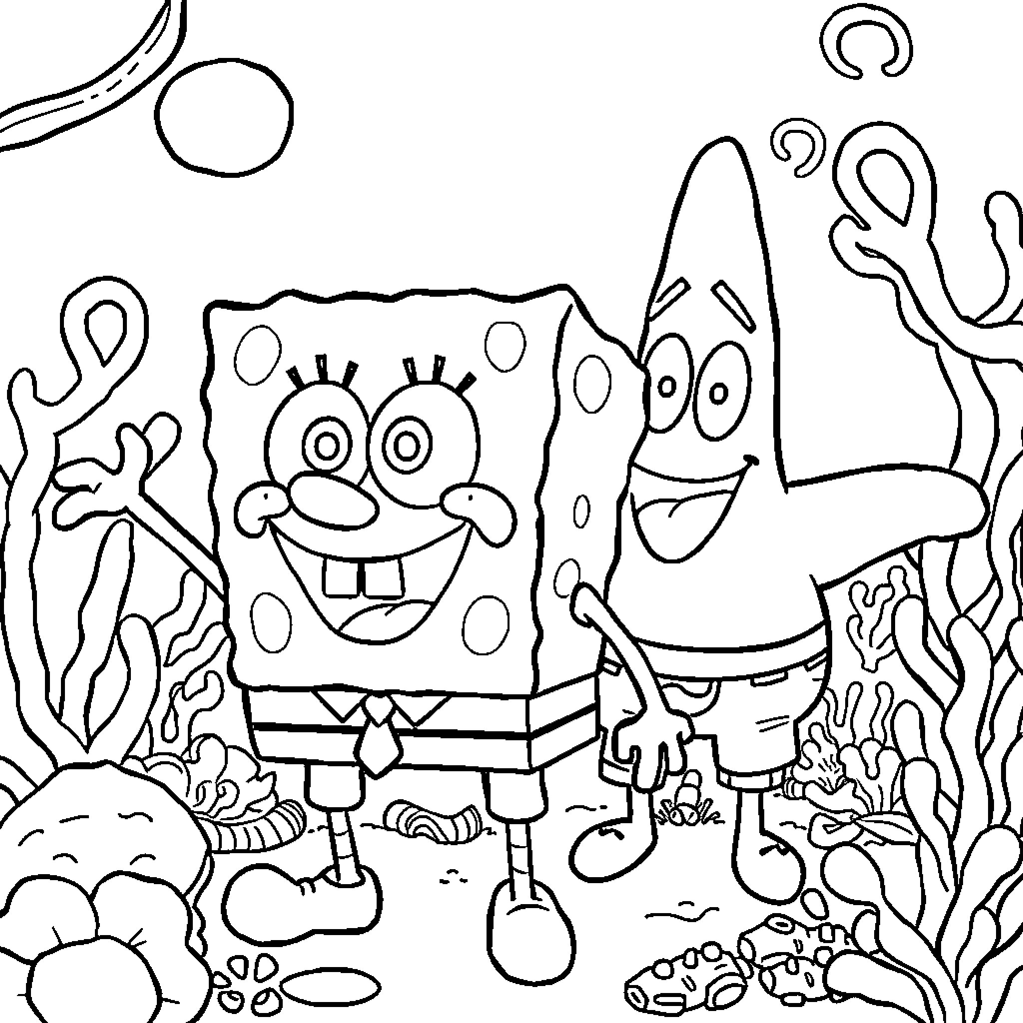 Spongebob and friends in underwater adventure Coloring Page (free black-and-white line drawing printable PDF for all, from beginners to advanced learners, including children, teens, adults, and seniors)