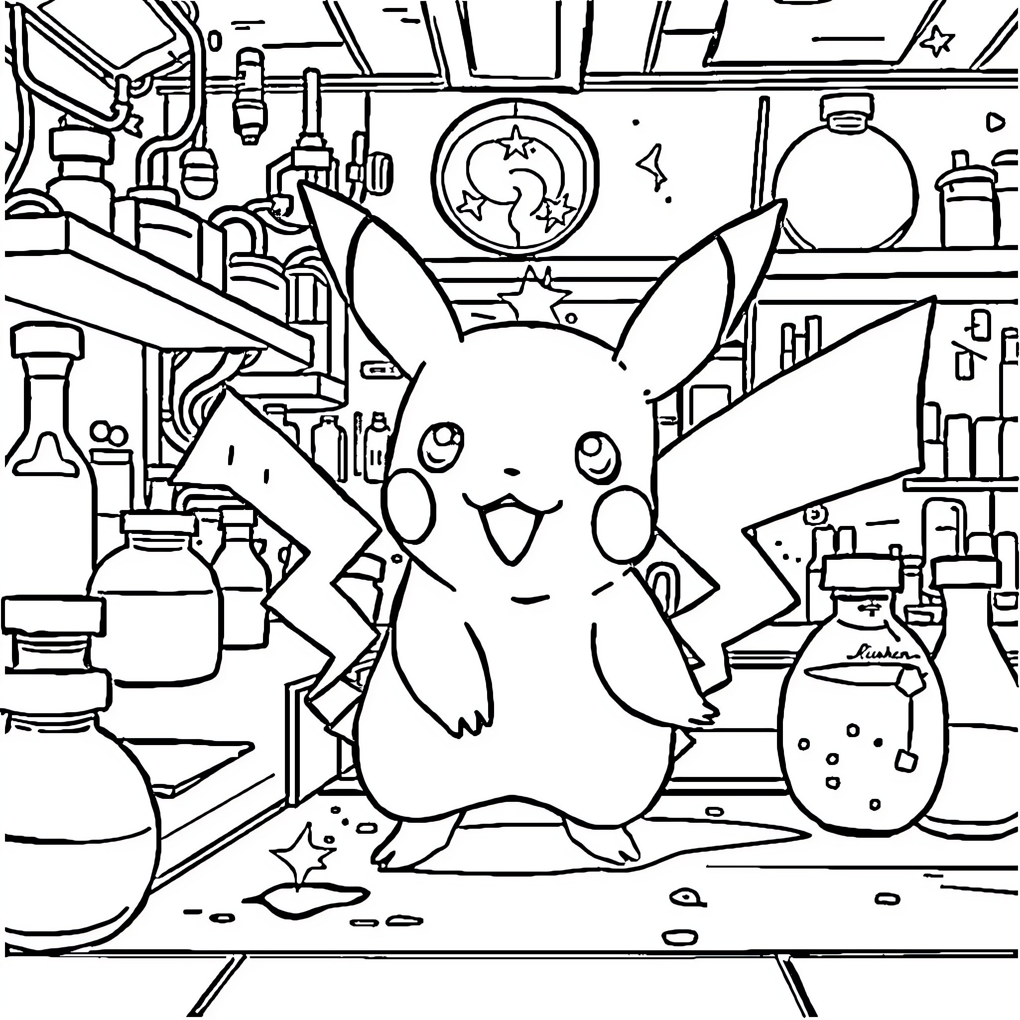 Pikachu exploring a magical laboratory Coloring Page (free black-and-white line drawing printable PDF for all, from beginners to advanced learners, including children, teens, adults, and seniors)