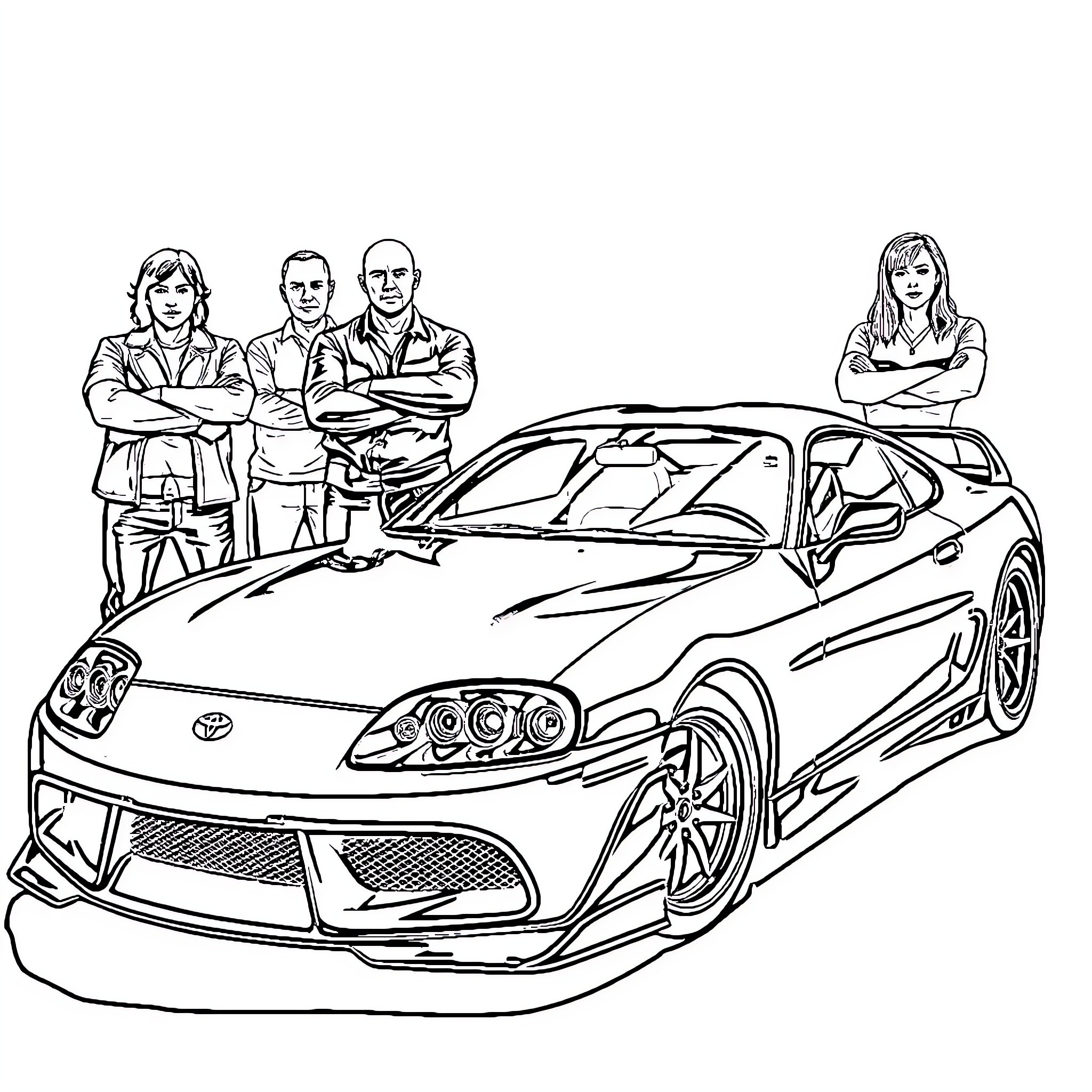 Supra: Group posing with sports car Coloring Page (free black-and-white line drawing printable PDF for all, from beginners to advanced learners, including children, teens, adults, and seniors)