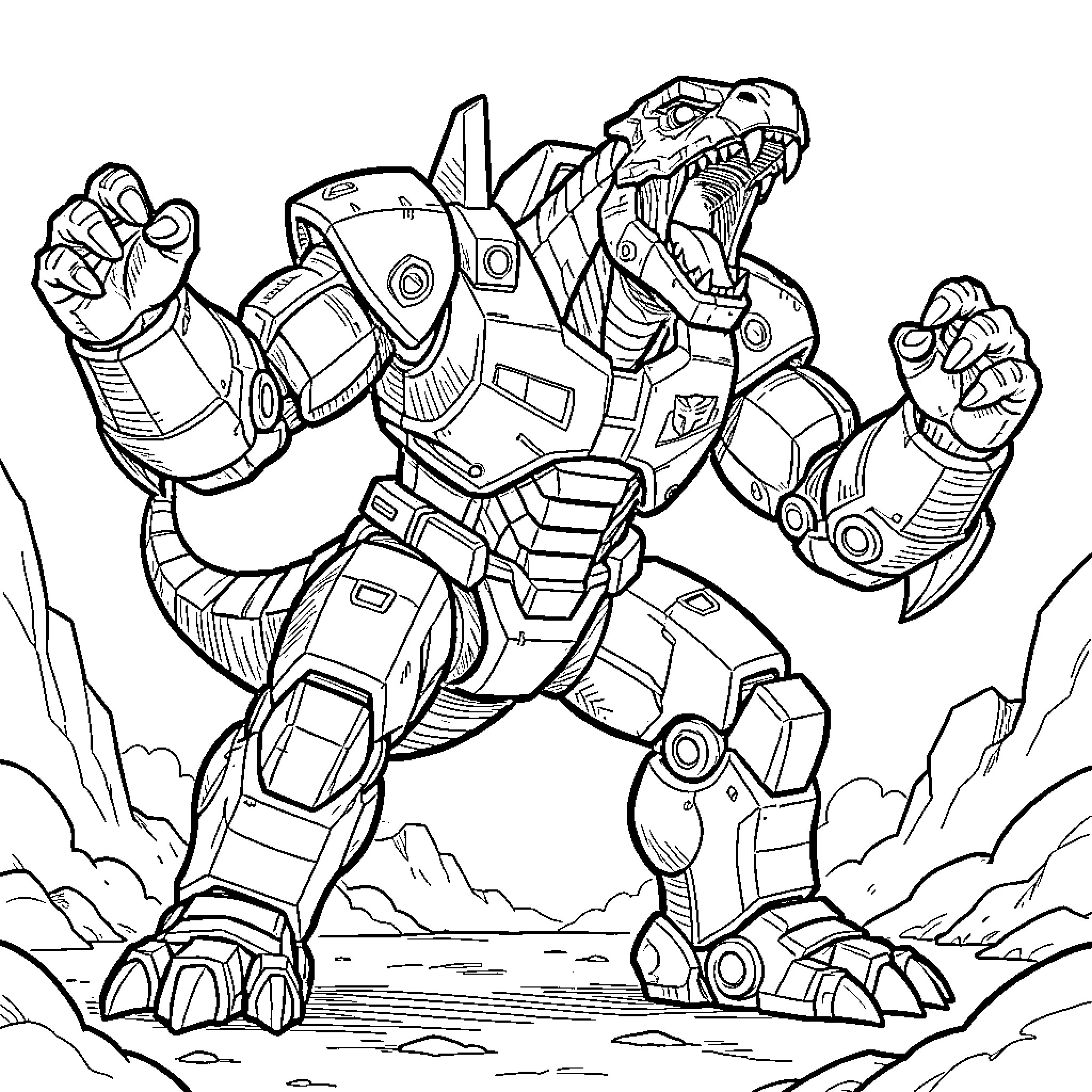 Grimlock stomping through the battlefield in robot mode Coloring Page (free black-and-white line drawing printable PDF for all, from beginners to advanced learners, including children, teens, adults, and seniors)