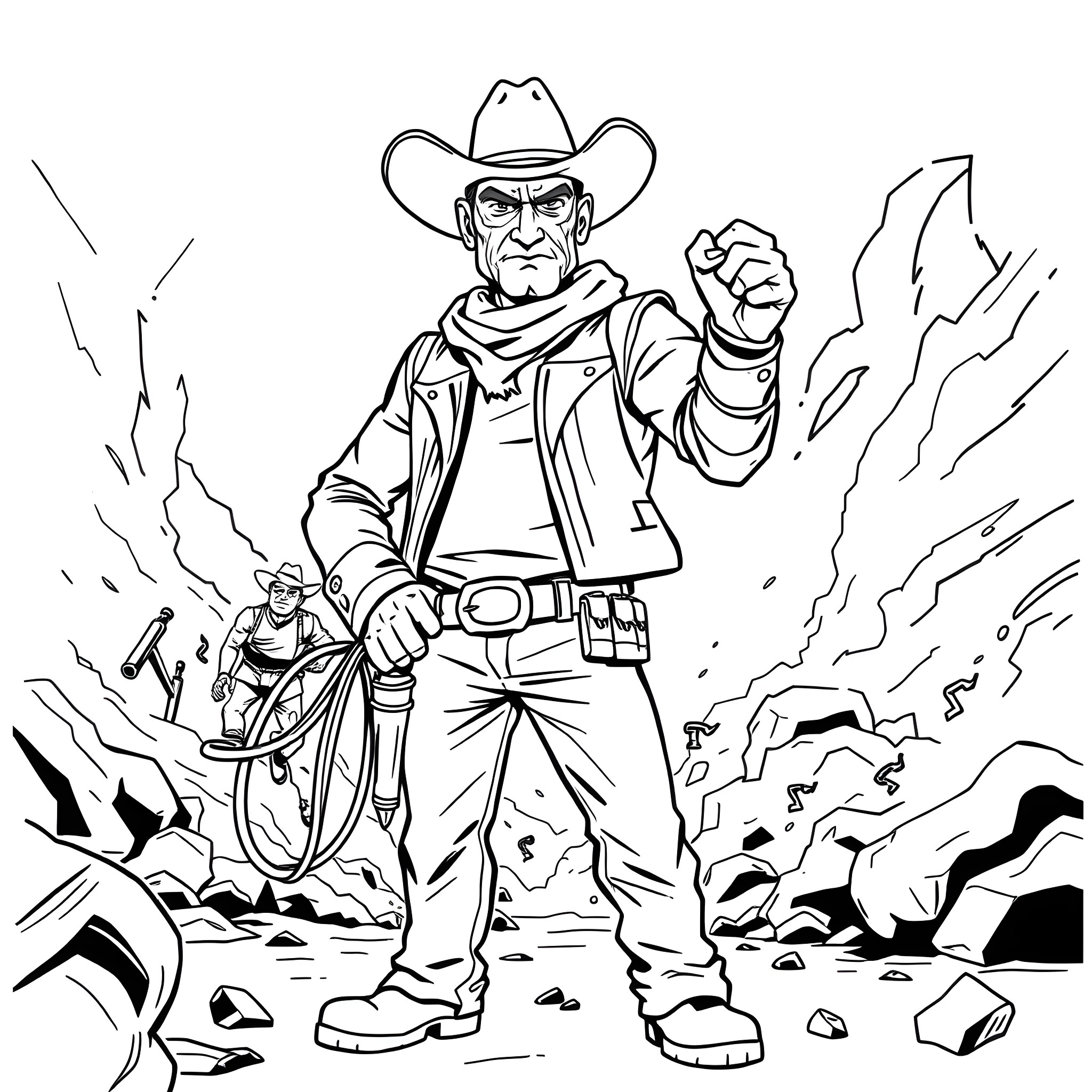 Agent Whiskey's Rugged Cowboy Adventure Coloring Page (free black-and-white line drawing printable PDF for all, from beginners to advanced learners, including children, teens, adults, and seniors)