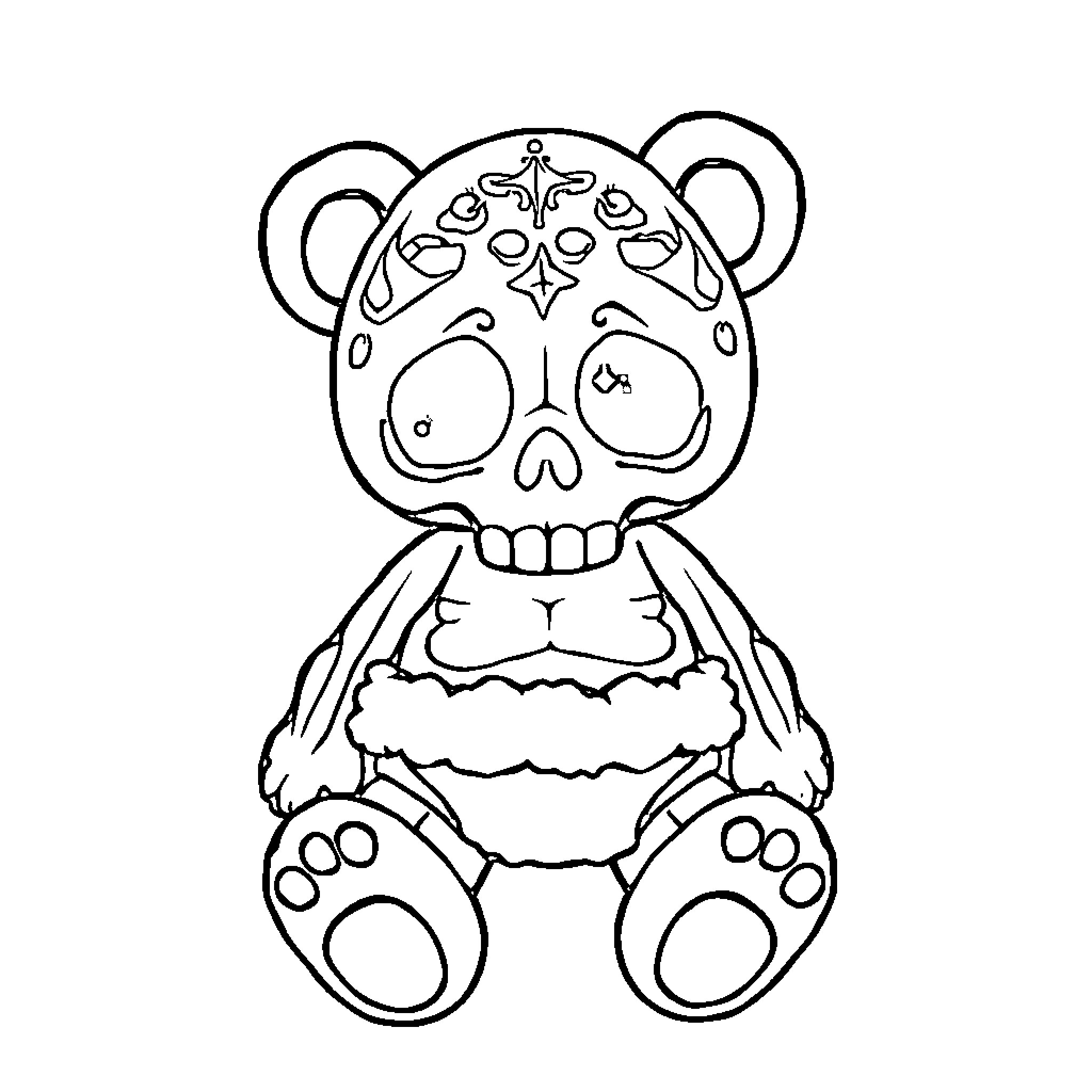 Skull Teddy Bear with Ornate Markings Coloring Page (free black-and-white line drawing printable PDF for all, from beginners to advanced learners, including children, teens, adults, and seniors)