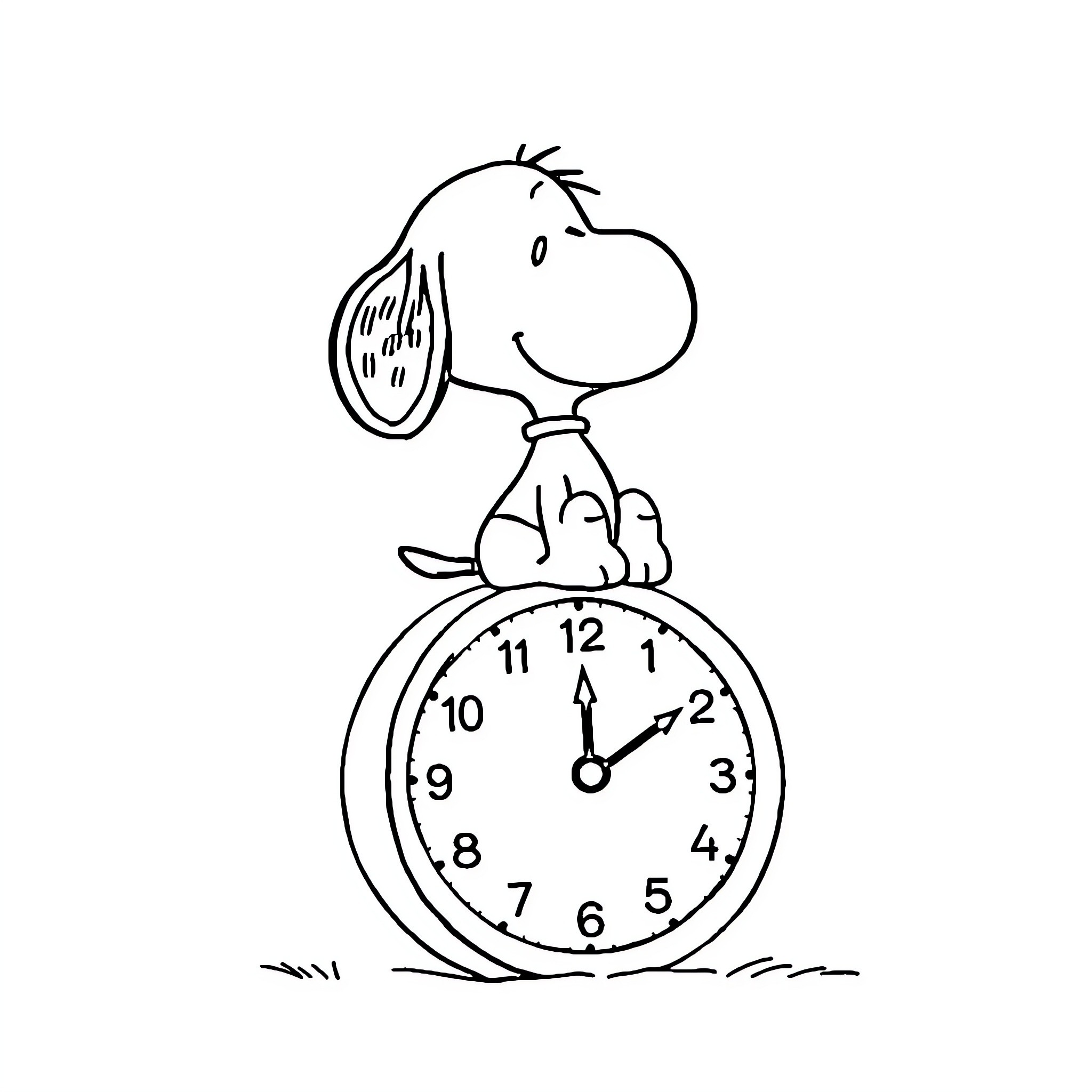 Snoopy sitting on a clock Coloring Page (free black-and-white line drawing printable PDF for all, from beginners to advanced learners, including children, teens, adults, and seniors)
