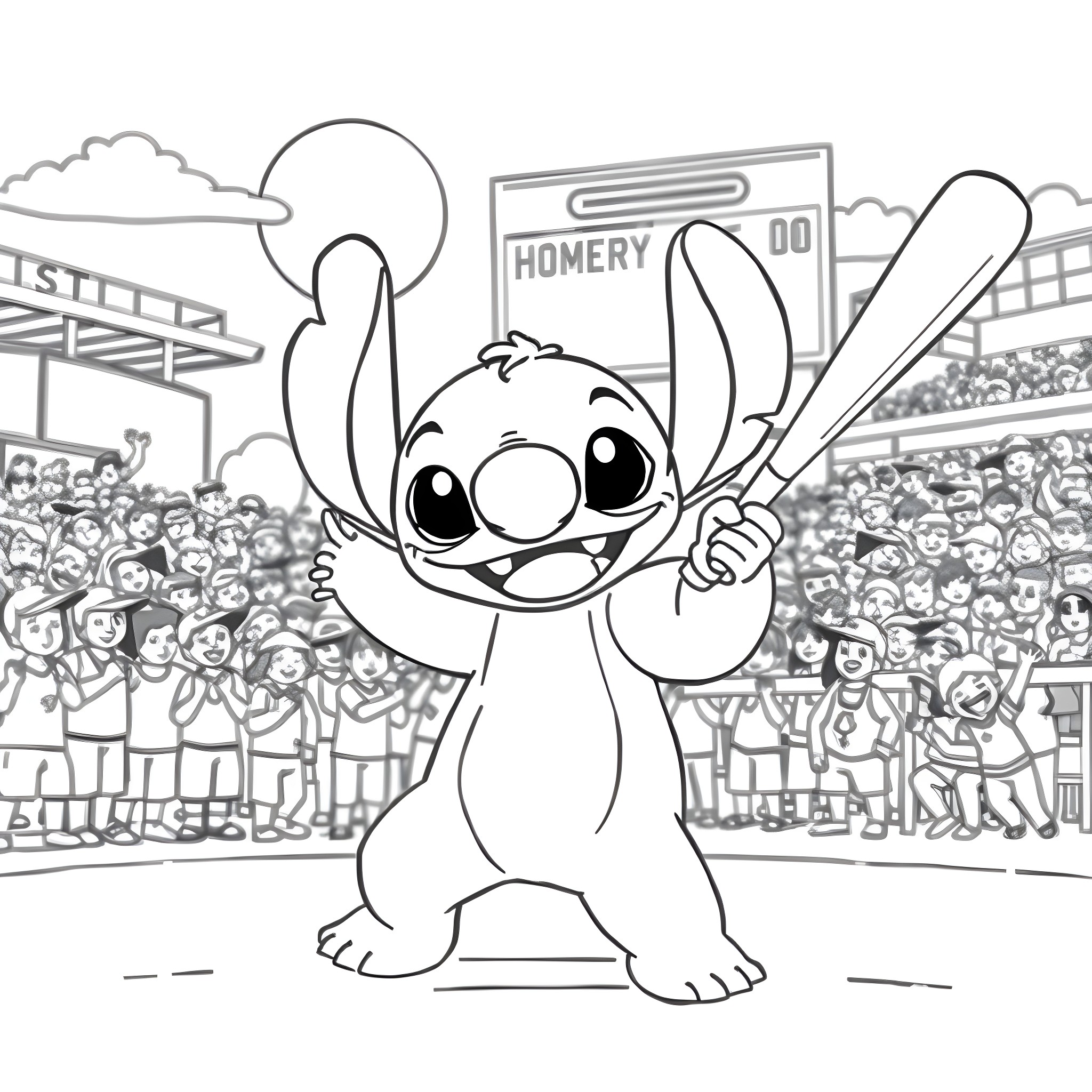 Stitch playing baseball with a crowd Coloring Page (free black-and-white line drawing printable PDF for all, from beginners to advanced learners, including children, teens, adults, and seniors)