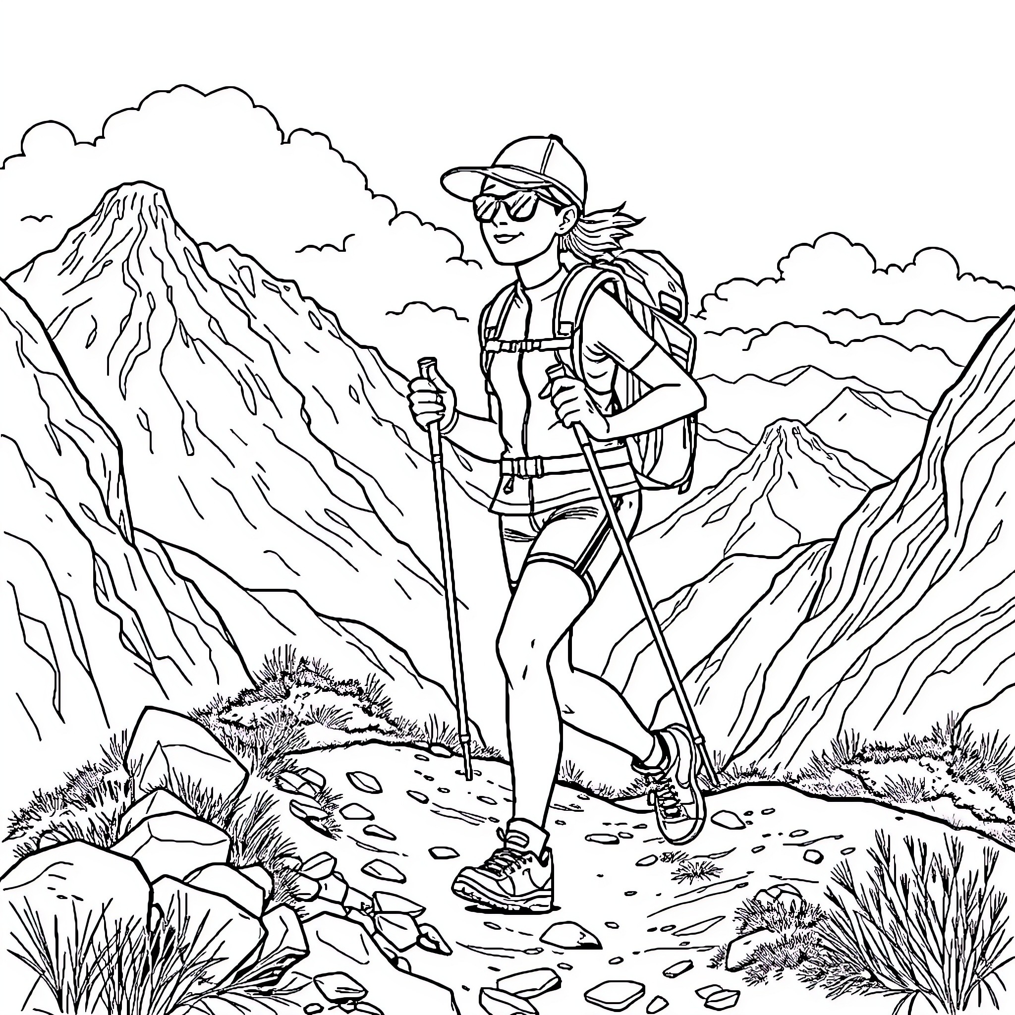 Ultra Runner Trekking Through Rugged Mountain Terrain Coloring Page (free black-and-white line drawing printable PDF for all, from beginners to advanced learners, including children, teens, adults, and seniors)