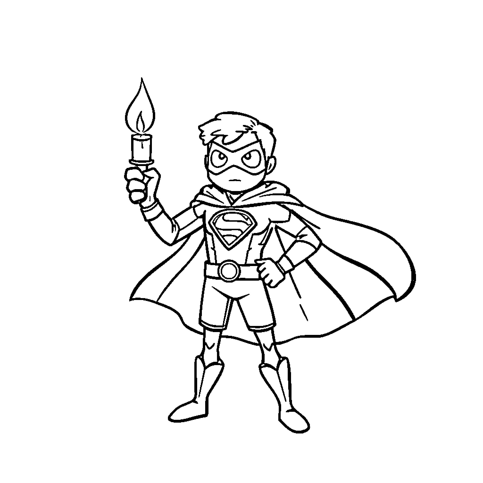 Candle Lit by Superhero with Determination Coloring Page (free black-and-white line drawing printable PDF for all, from beginners to advanced learners, including children, teens, adults, and seniors)