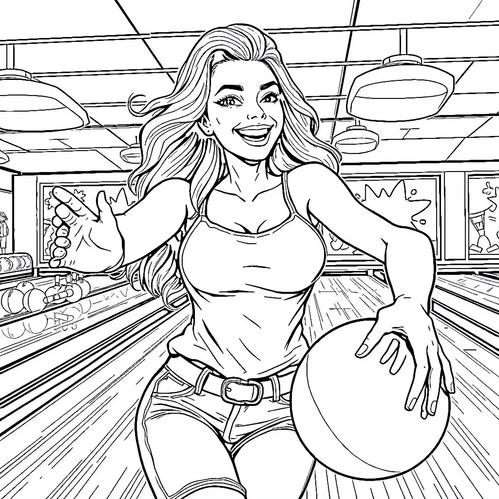 Mom Bowling with Enthusiasm in Casual Attire Coloring Page (free black-and-white line drawing printable PDF for all, from beginners to advanced learners, including children, teens, adults, and seniors)