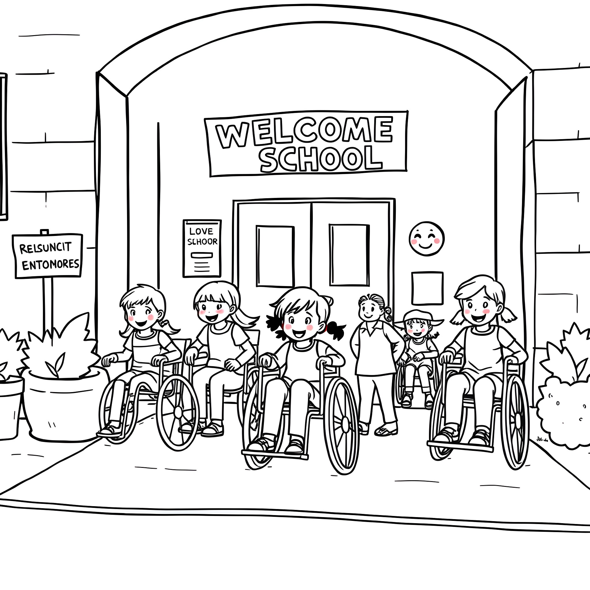 Children with disabilities welcome at school Coloring Page (free black-and-white line drawing printable PDF for all, from beginners to advanced learners, including children, teens, adults, and seniors)