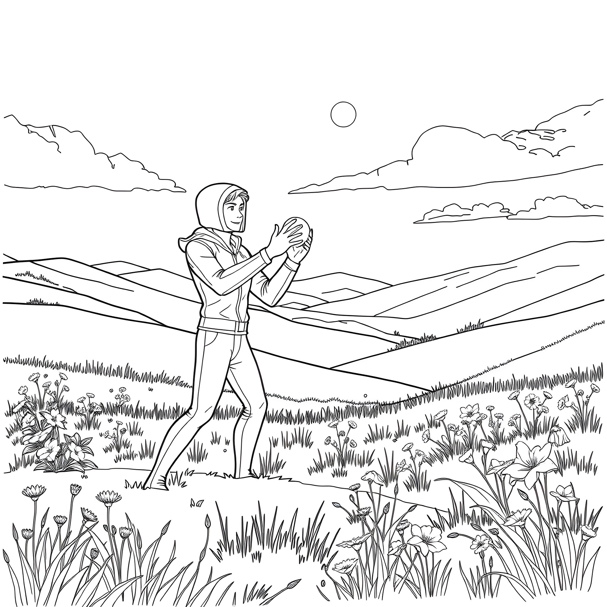 Sub Zero Warrior Bracing Against Icy Winds Coloring Page (free black-and-white line drawing printable PDF for all, from beginners to advanced learners, including children, teens, adults, and seniors)