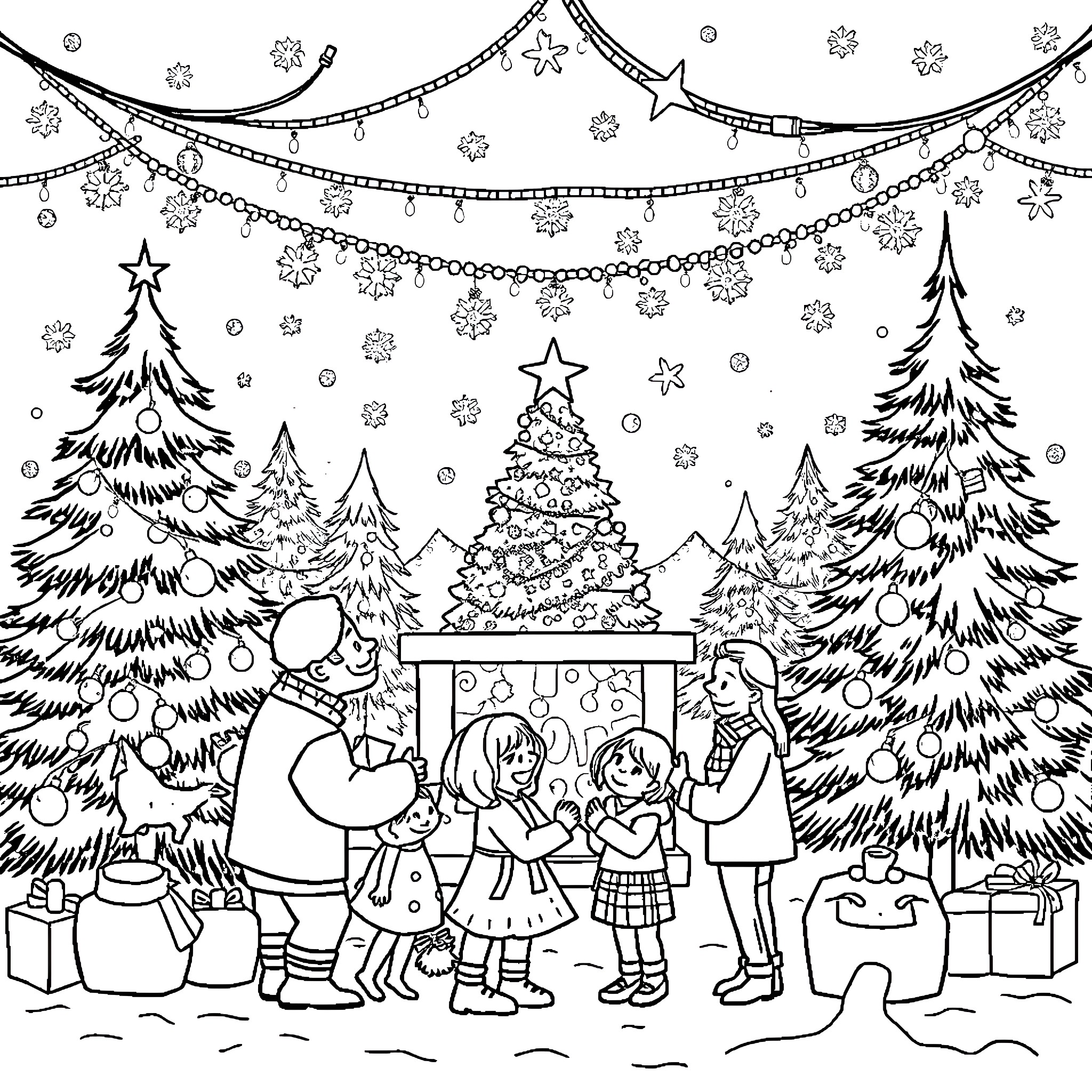 Christmas Family Celebration in Snowy Wonderland Coloring Page (free black-and-white line drawing printable PDF for all, from beginners to advanced learners, including children, teens, adults, and seniors)
