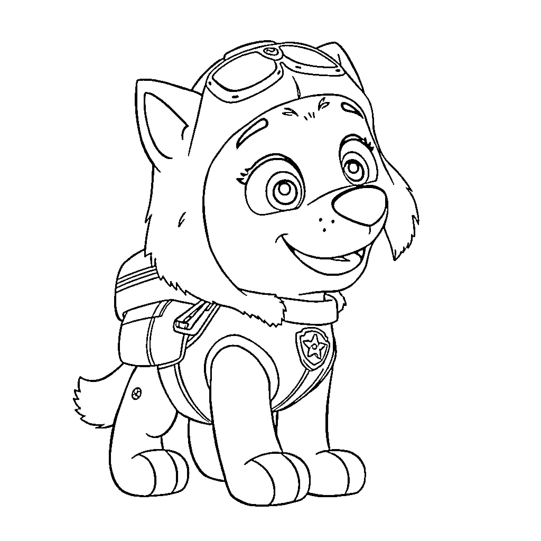 Everest the Smiling Pup in Gear Coloring Page (free black-and-white line drawing printable PDF for all, from beginners to advanced learners, including children, teens, adults, and seniors)