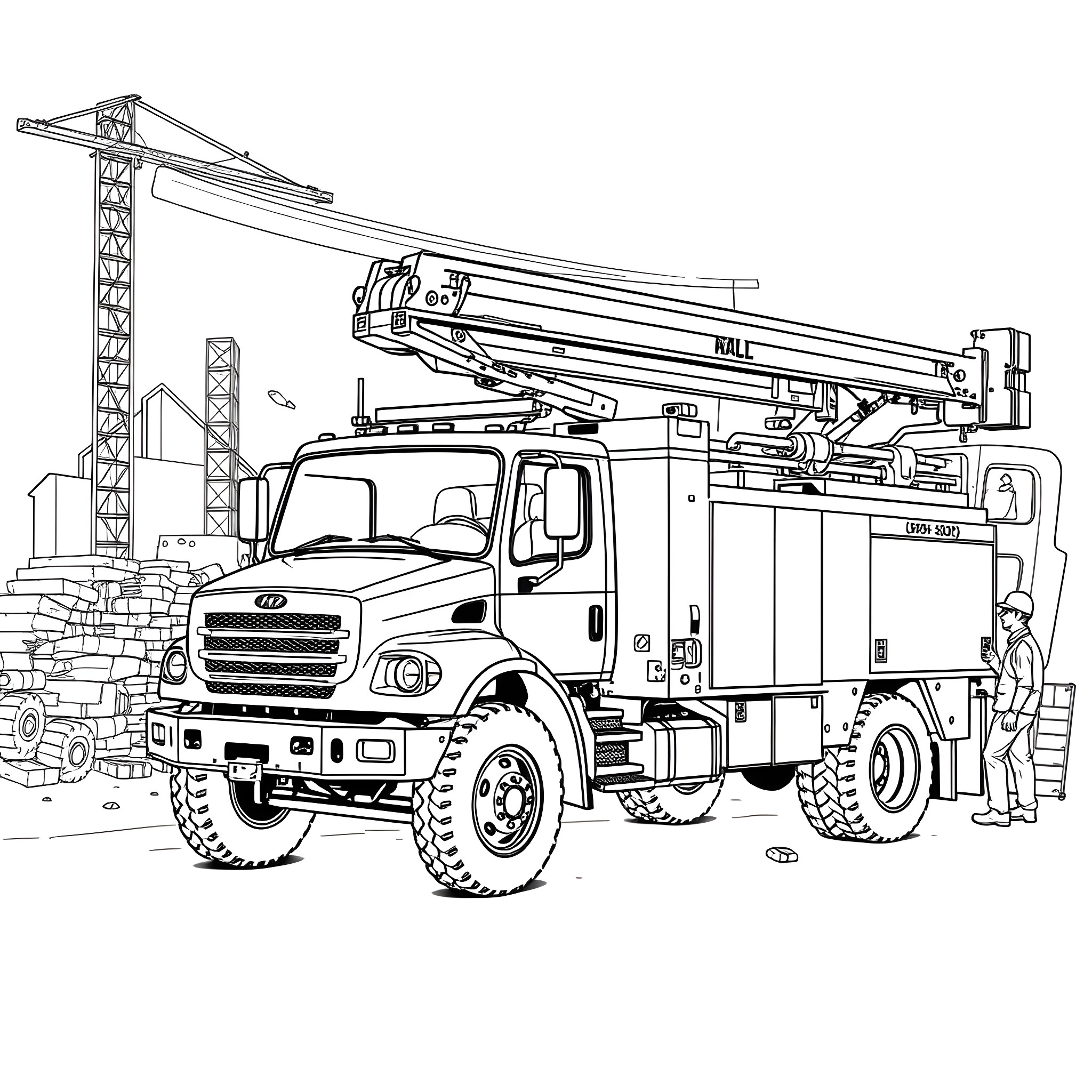 Utility Truck Crane Assisting with Construction Site Coloring Page (free black-and-white line drawing printable PDF for all, from beginners to advanced learners, including children, teens, adults, and seniors)