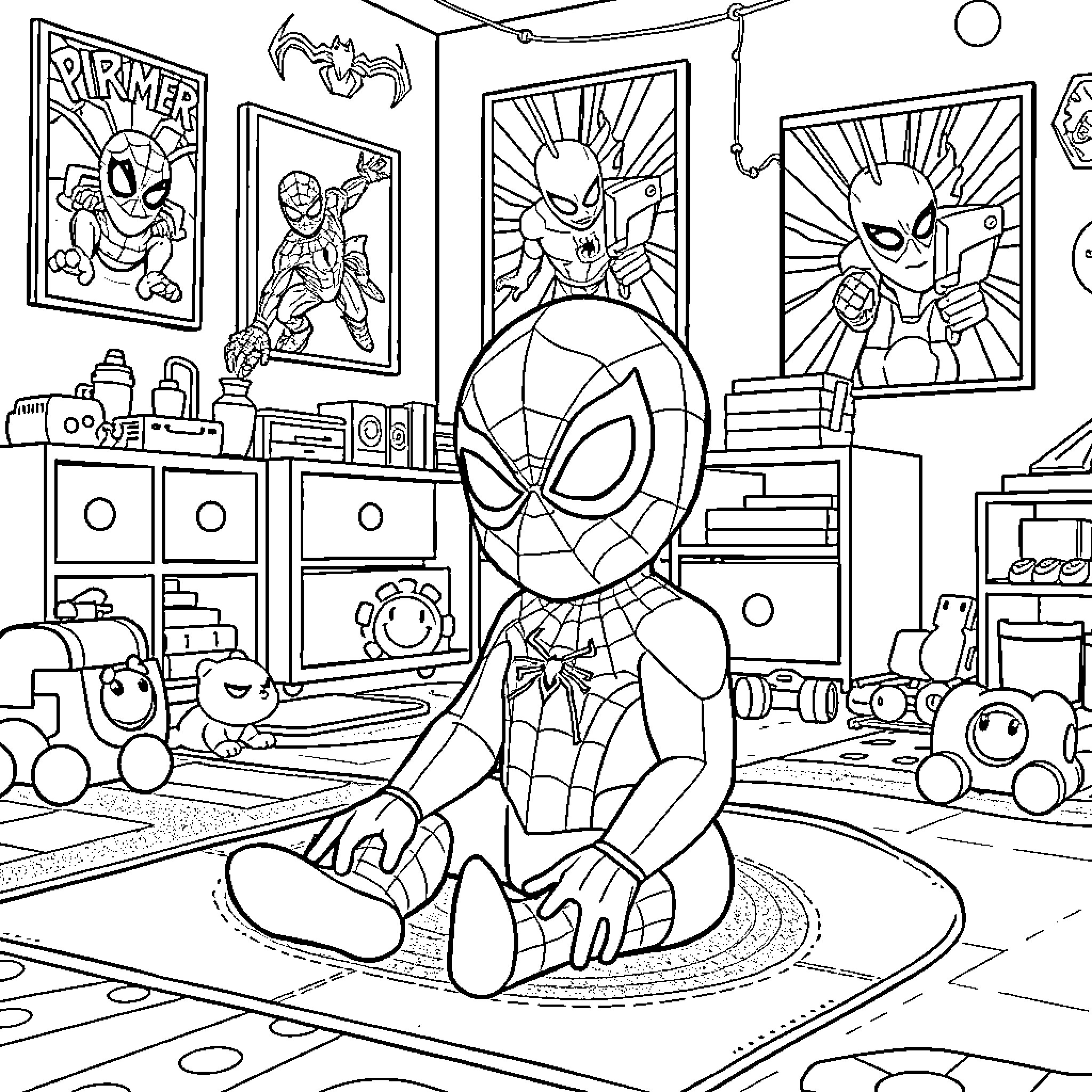 Spiderman enjoying his room filled with superhero memorabilia Coloring Page (free black-and-white line drawing printable PDF for all, from beginners to advanced learners, including children, teens, adults, and seniors)