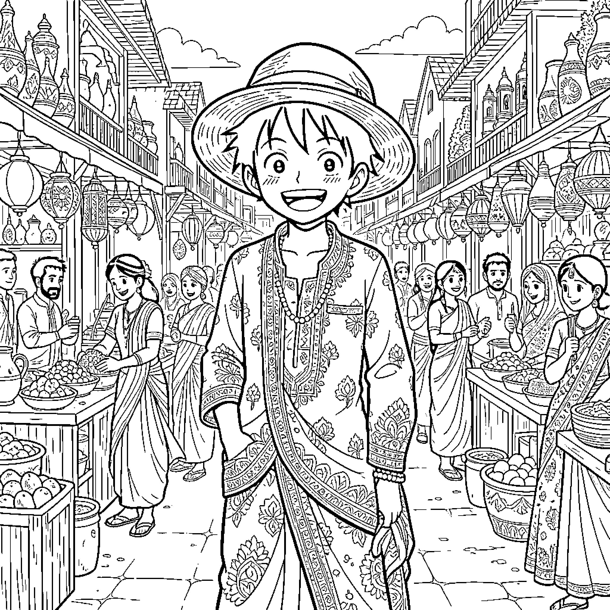 Luffy exploring a vibrant marketplace in a bustling city Coloring Page (free black-and-white line drawing printable PDF for all, from beginners to advanced learners, including children, teens, adults, and seniors)