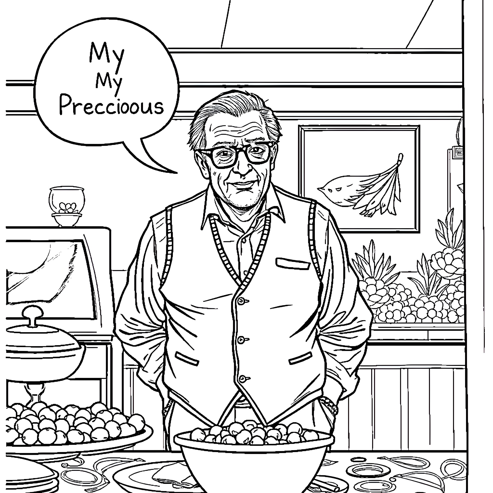 Gene Hackman in thoughtful pose amidst fruits and decor Coloring Page (free black-and-white line drawing printable PDF for all, from beginners to advanced learners, including children, teens, adults, and seniors)