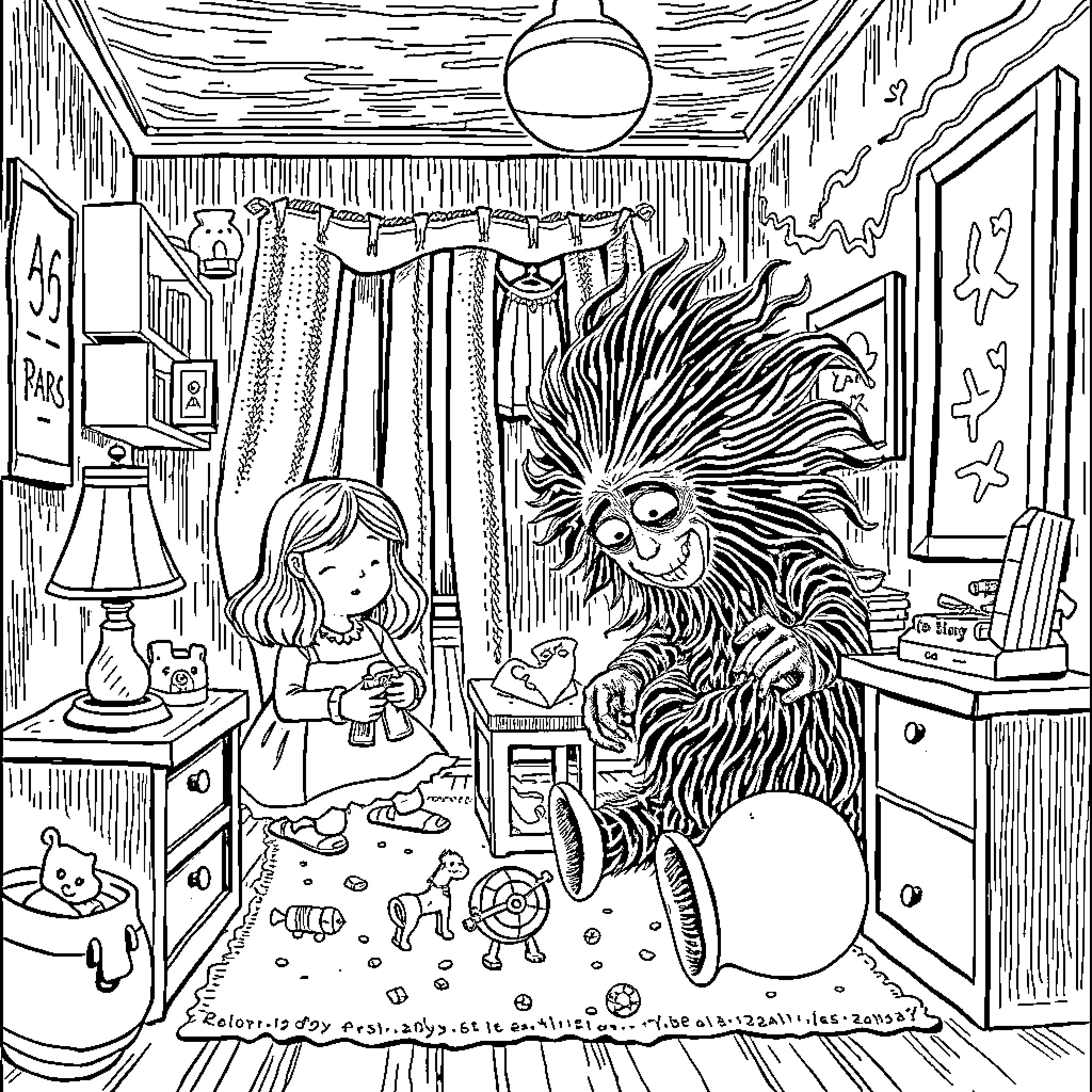 Wednesday Adams' Whimsical and Quirky Bedroom Scene Coloring Page (free black-and-white line drawing printable PDF for all, from beginners to advanced learners, including children, teens, adults, and seniors)