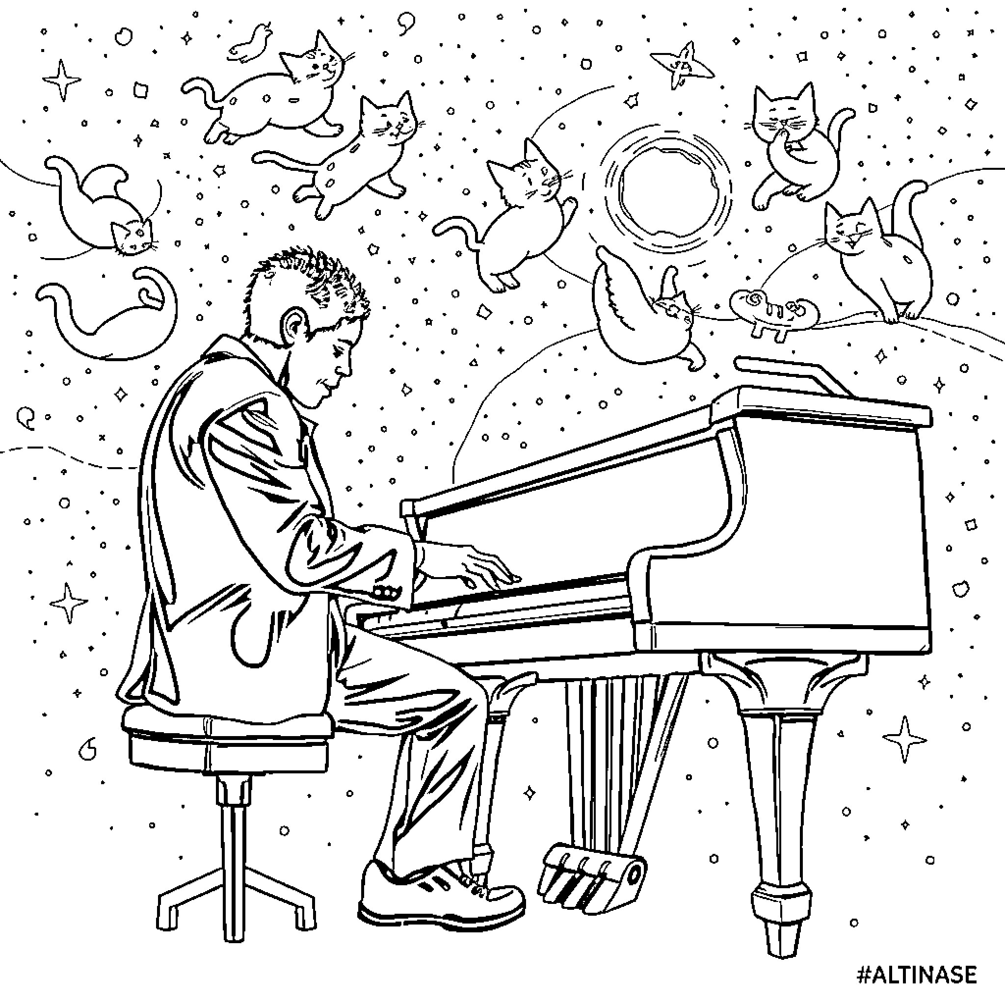 Pianist plays music under a starry night sky Coloring Page (free black-and-white line drawing printable PDF for all, from beginners to advanced learners, including children, teens, adults, and seniors)