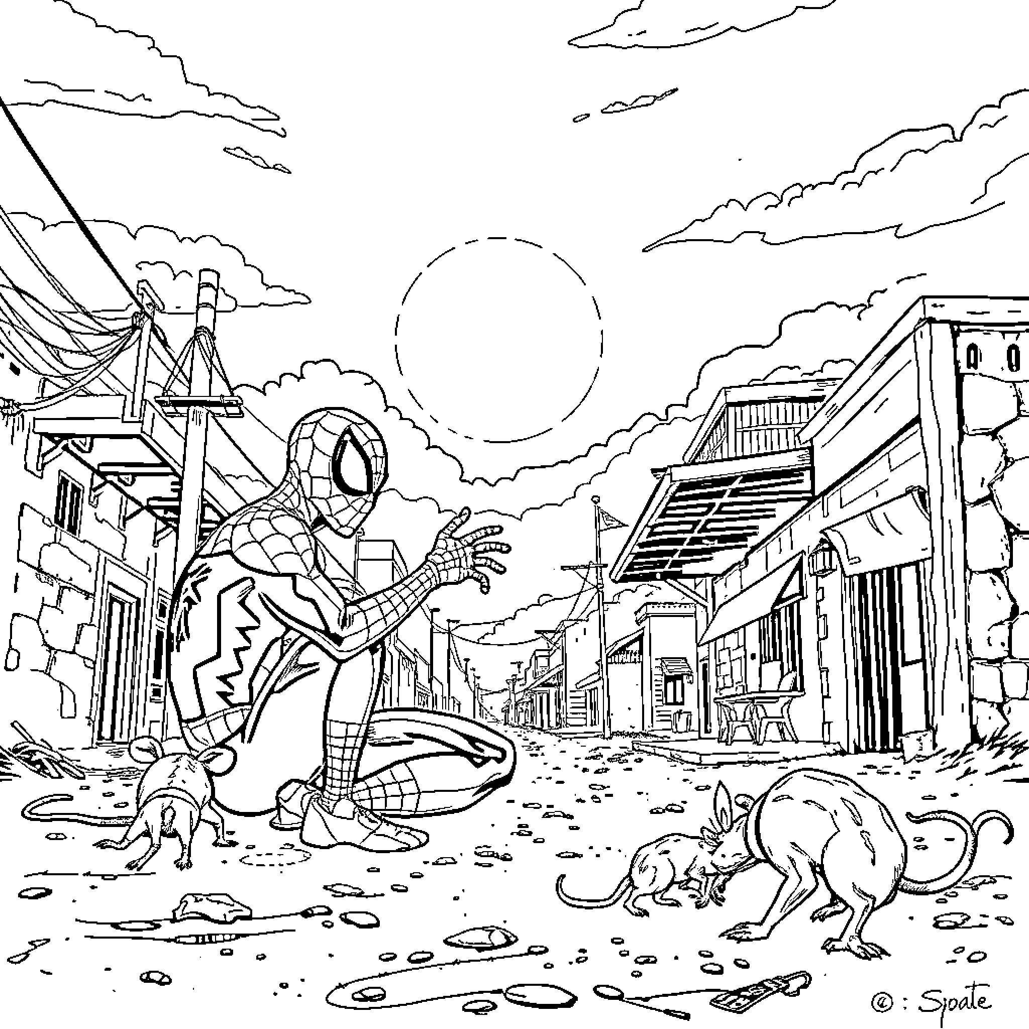 Spiderman battles villain in the city streets Coloring Page (free black-and-white line drawing printable PDF for all, from beginners to advanced learners, including children, teens, adults, and seniors)