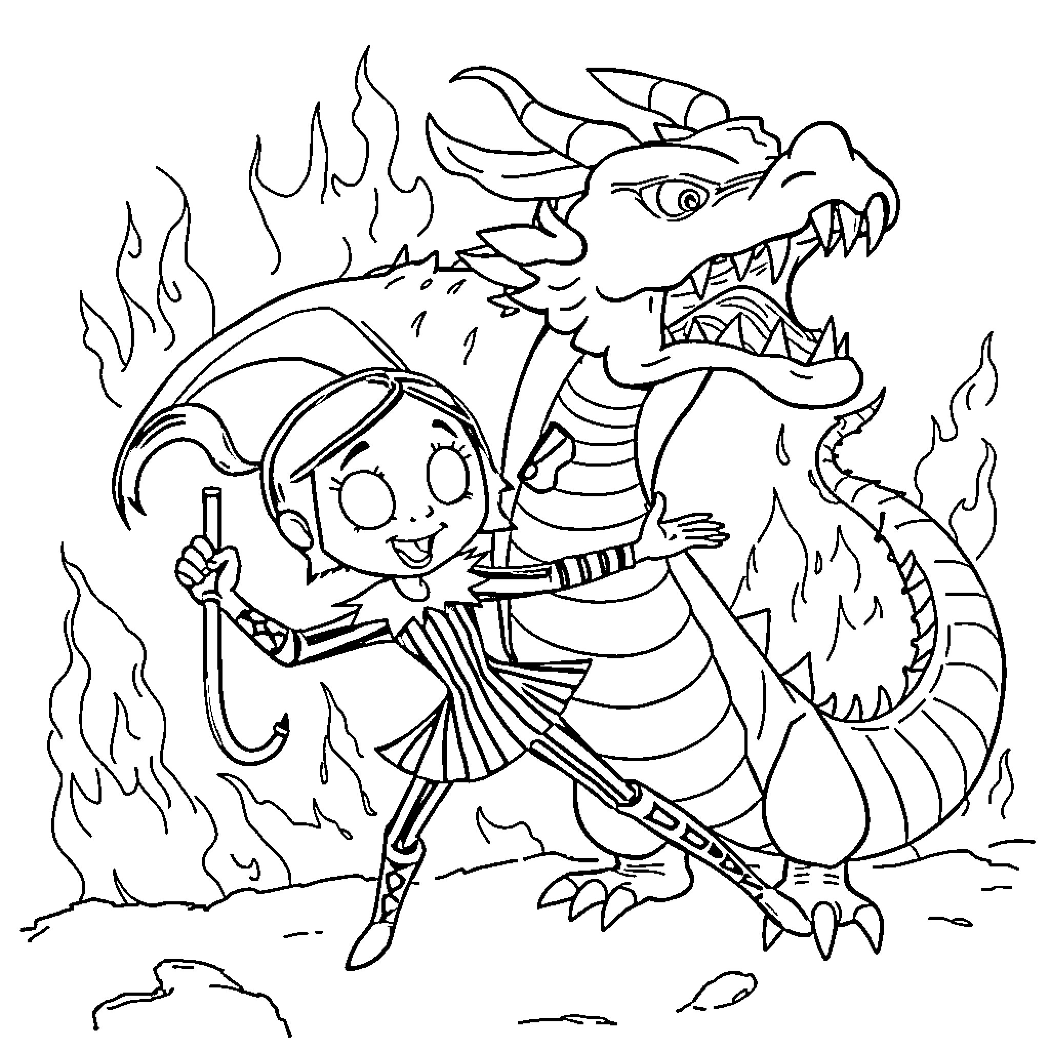 Wednesday Warrior Battles Fierce Dragon Coloring Page (free black-and-white line drawing printable PDF for all, from beginners to advanced learners, including children, teens, adults, and seniors)