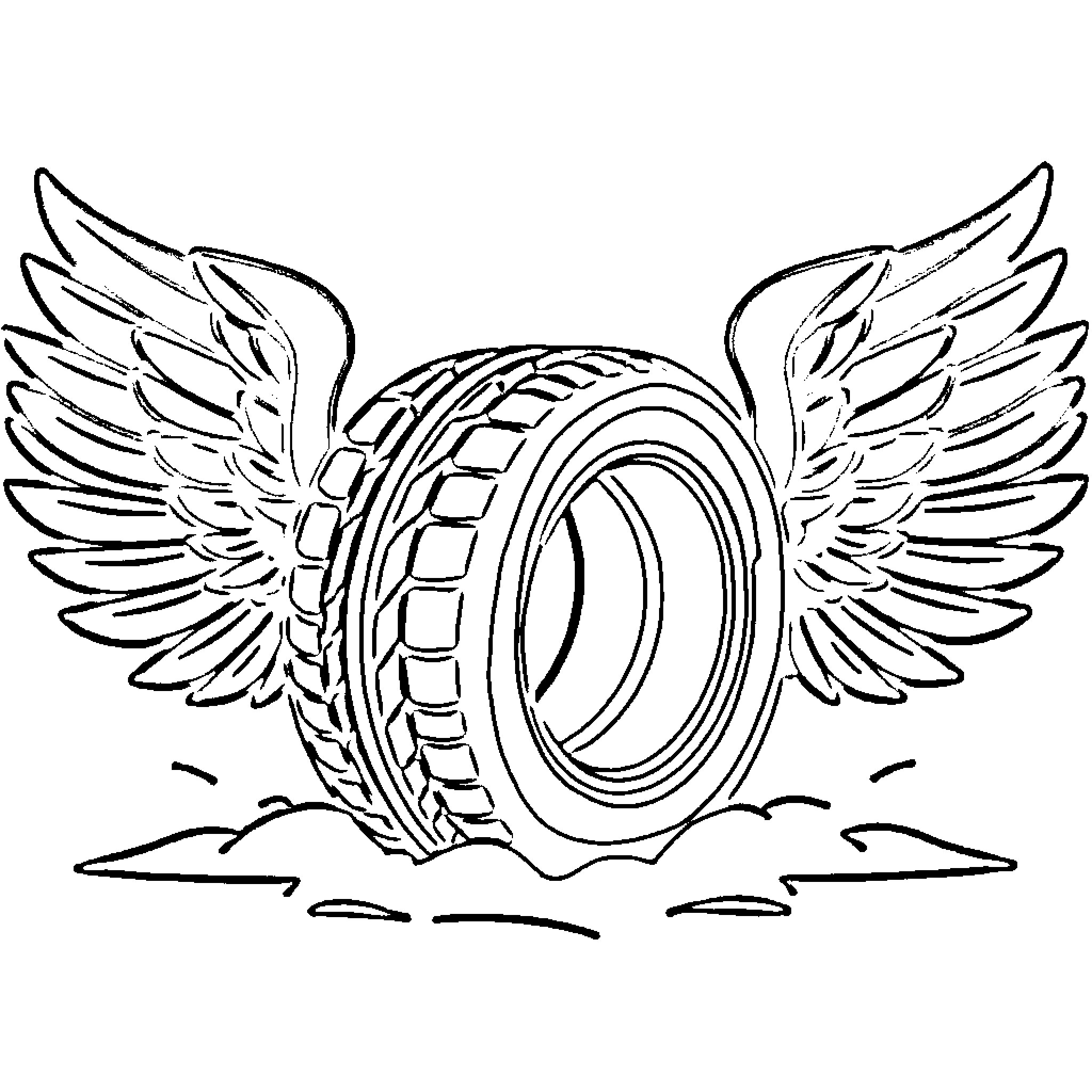 Tire with winged design in the clouds Coloring Page (free black-and-white line drawing printable PDF for all, from beginners to advanced learners, including children, teens, adults, and seniors)