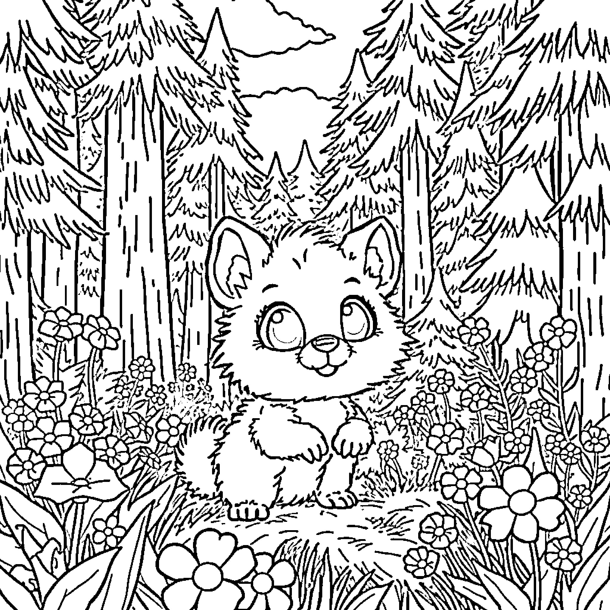 Critter Exploring Enchanted Forest Coloring Page (free black-and-white line drawing printable PDF for all, from beginners to advanced learners, including children, teens, adults, and seniors)