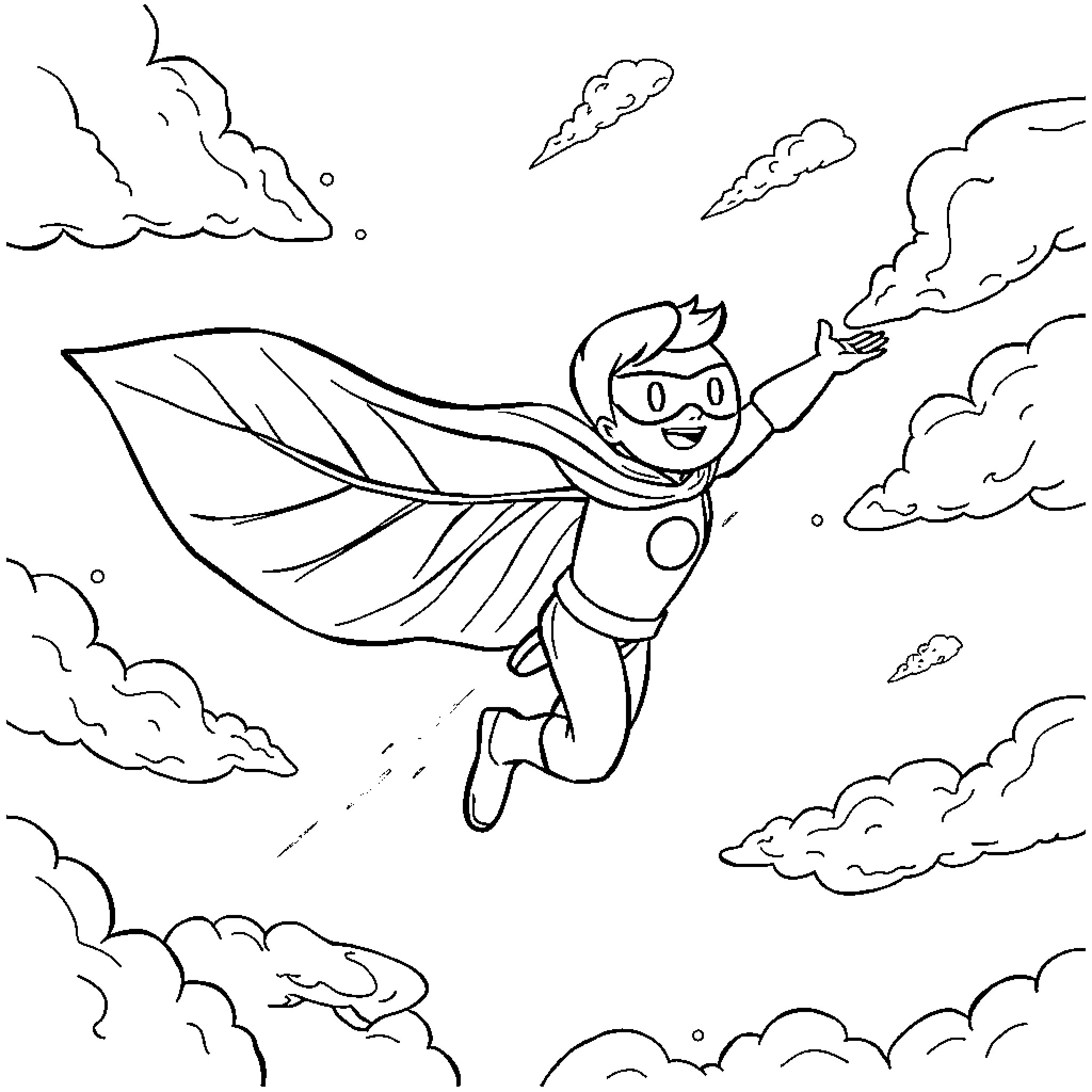 Leaffilter superhero flying through the sky Coloring Page (free black-and-white line drawing printable PDF for all, from beginners to advanced learners, including children, teens, adults, and seniors)