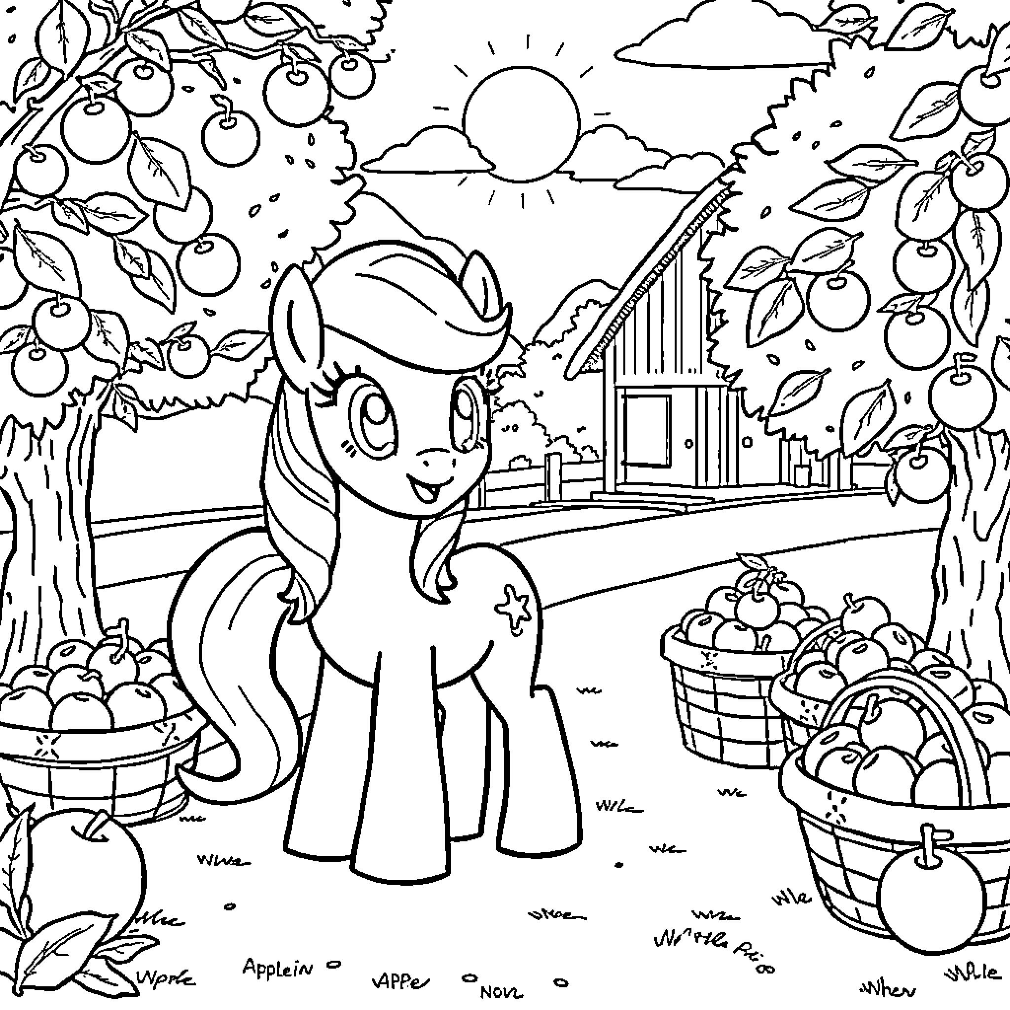 Applejack standing proudly in her apple orchard Coloring Page (free black-and-white line drawing printable PDF for all, from beginners to advanced learners, including children, teens, adults, and seniors)