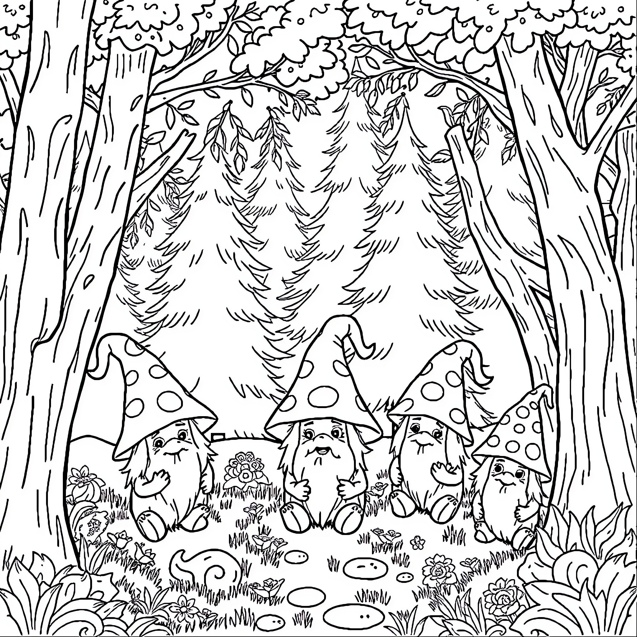 Mushroom Gnomes Exploring the Enchanted Forest Coloring Page (free black-and-white line drawing printable PDF for all, from beginners to advanced learners, including children, teens, adults, and seniors)