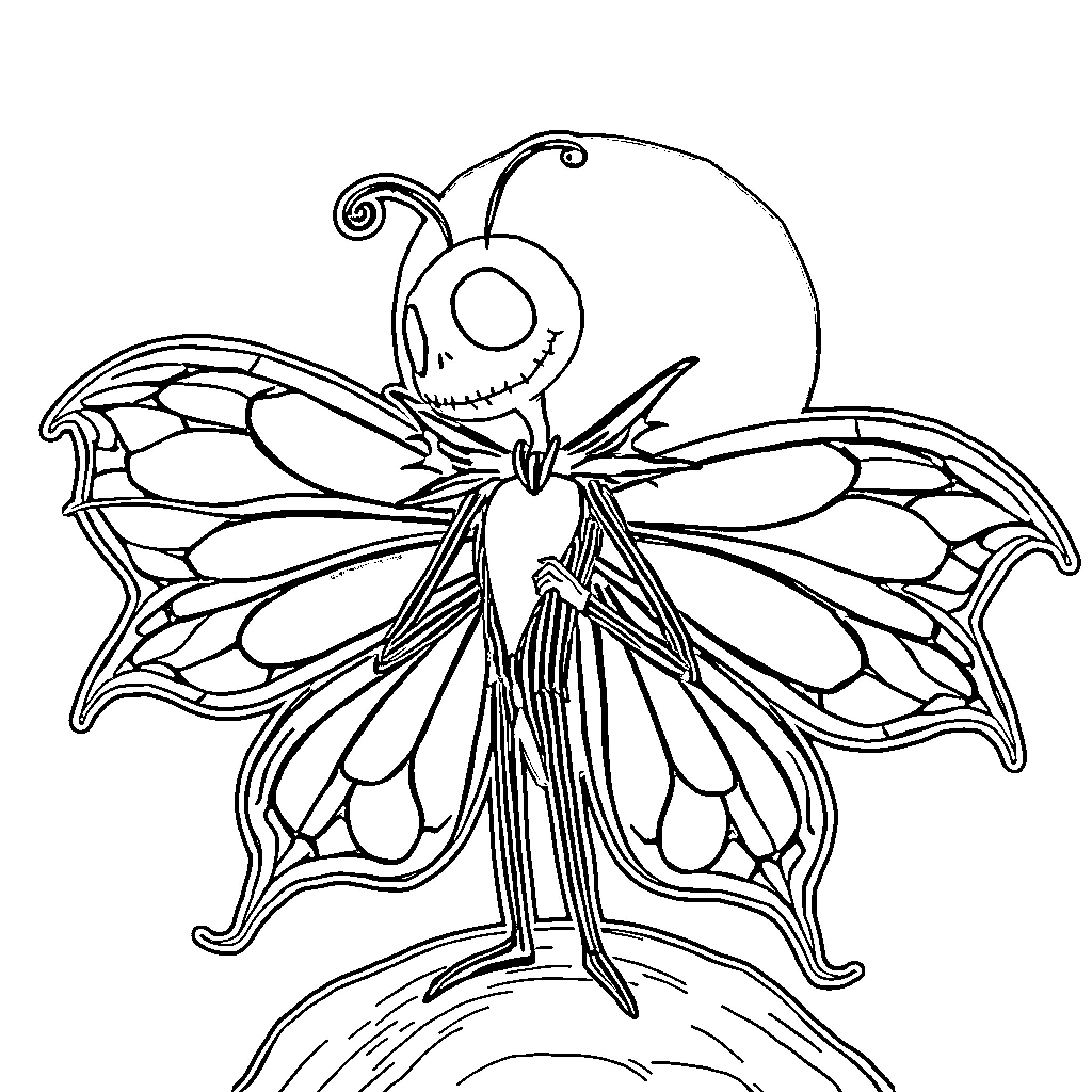Jack Skellington as a playful butterfly creature Coloring Page (free black-and-white line drawing printable PDF for all, from beginners to advanced learners, including children, teens, adults, and seniors)