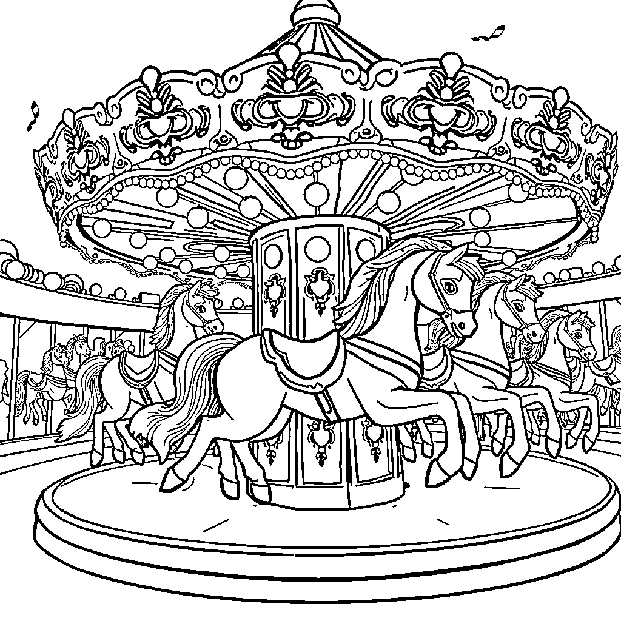 Horse-drawn carousel with ornate decorations Coloring Page (free black-and-white line drawing printable PDF for all, from beginners to advanced learners, including children, teens, adults, and seniors)