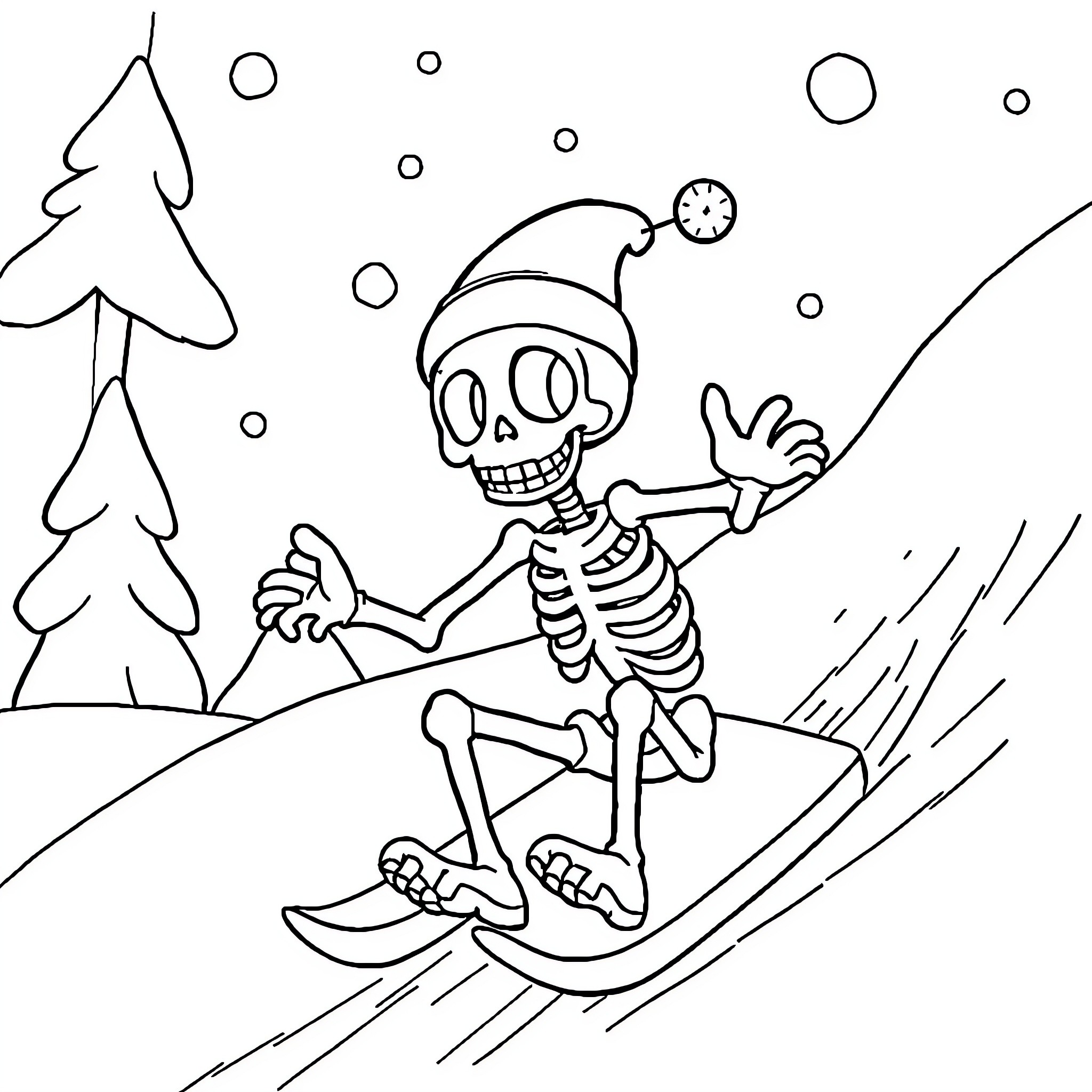 Skeleton skiing in the snow Coloring Page (free black-and-white line drawing printable PDF for all, from beginners to advanced learners, including children, teens, adults, and seniors)