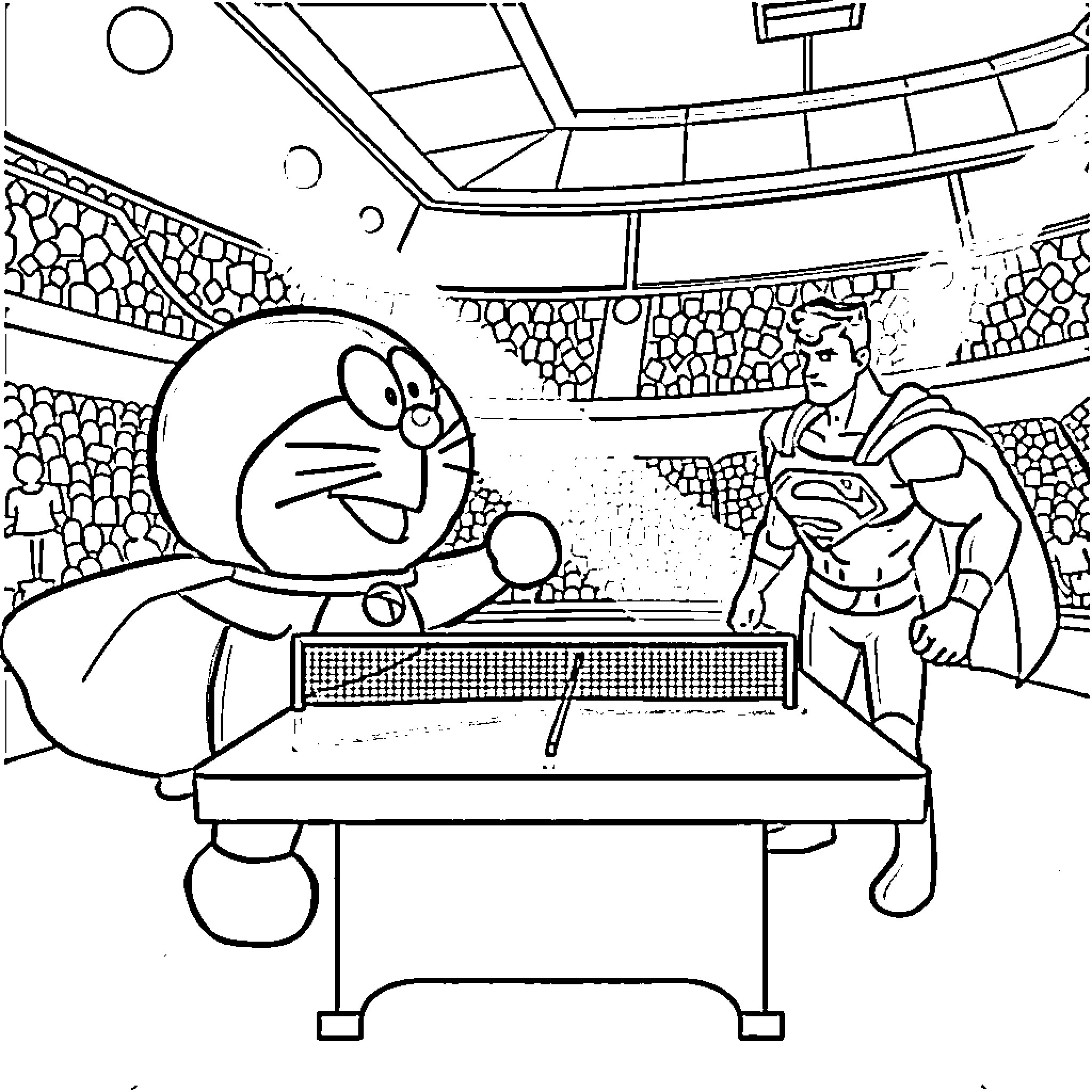 Doraemon playing table tennis with Superman Coloring Page (free black-and-white line drawing printable PDF for all, from beginners to advanced learners, including children, teens, adults, and seniors)