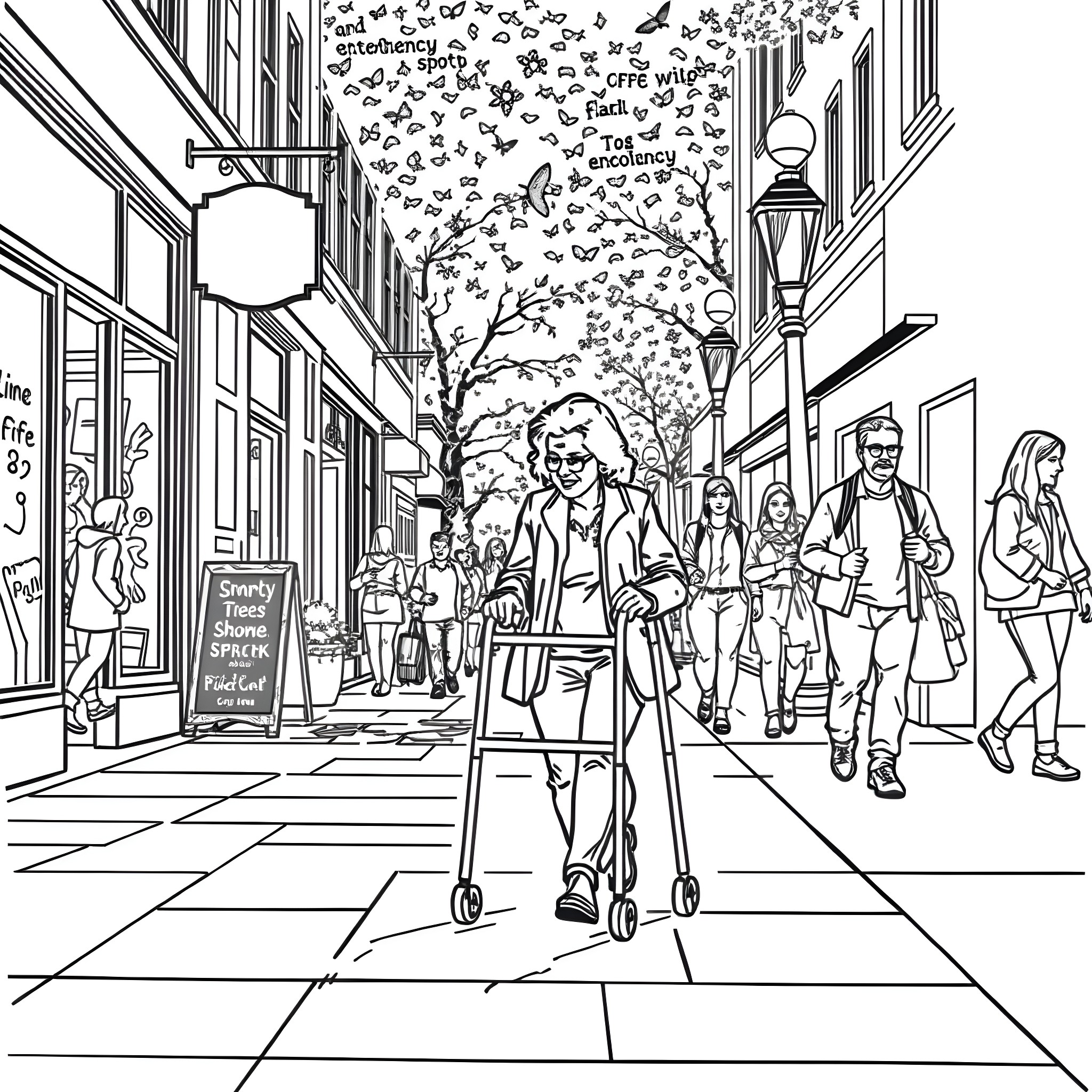 Woman walking with people in a bustling city street Coloring Page (free black-and-white line drawing printable PDF for all, from beginners to advanced learners, including children, teens, adults, and seniors)