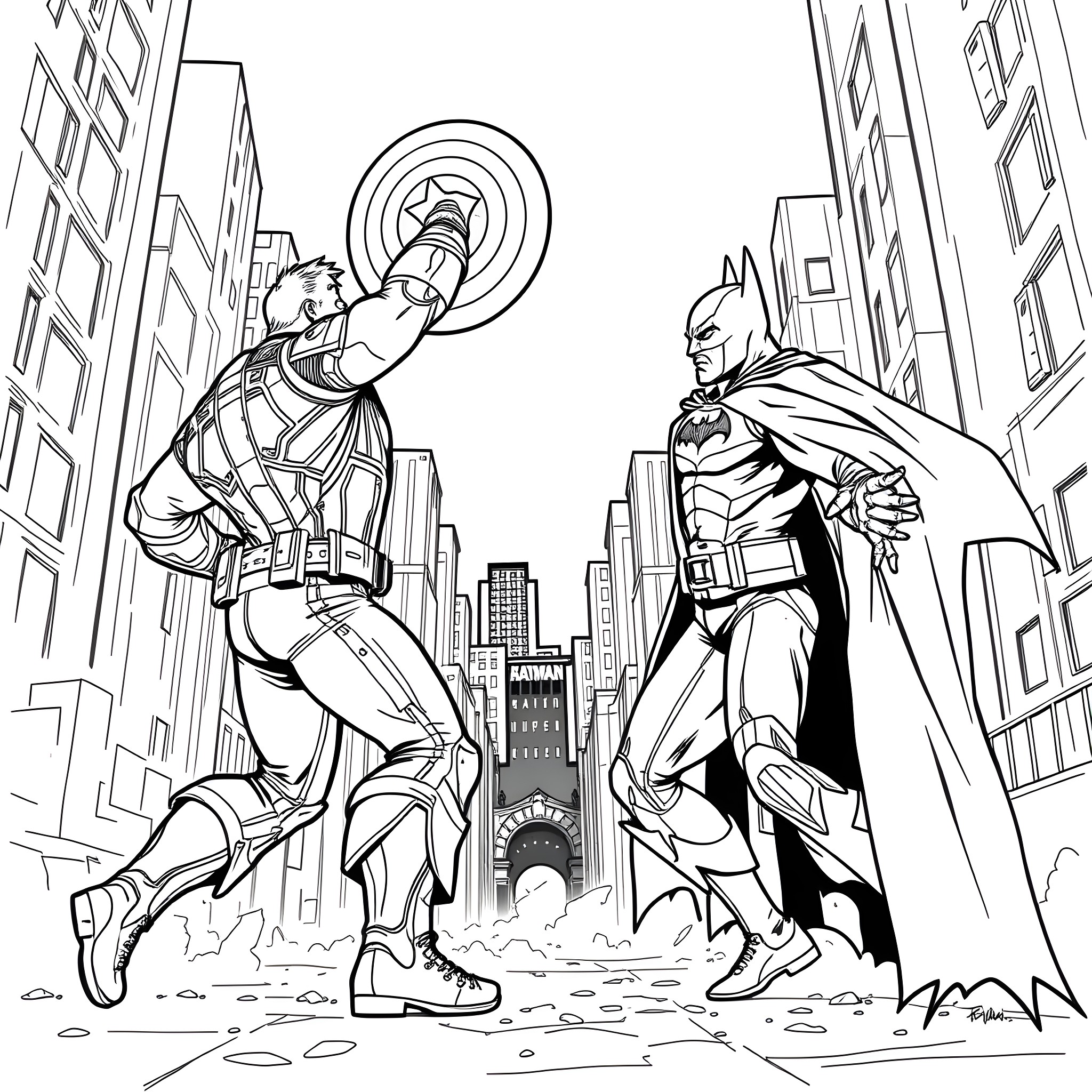 Captain America and Batman in Epic City Showdown Coloring Page (free black-and-white line drawing printable PDF for all, from beginners to advanced learners, including children, teens, adults, and seniors)