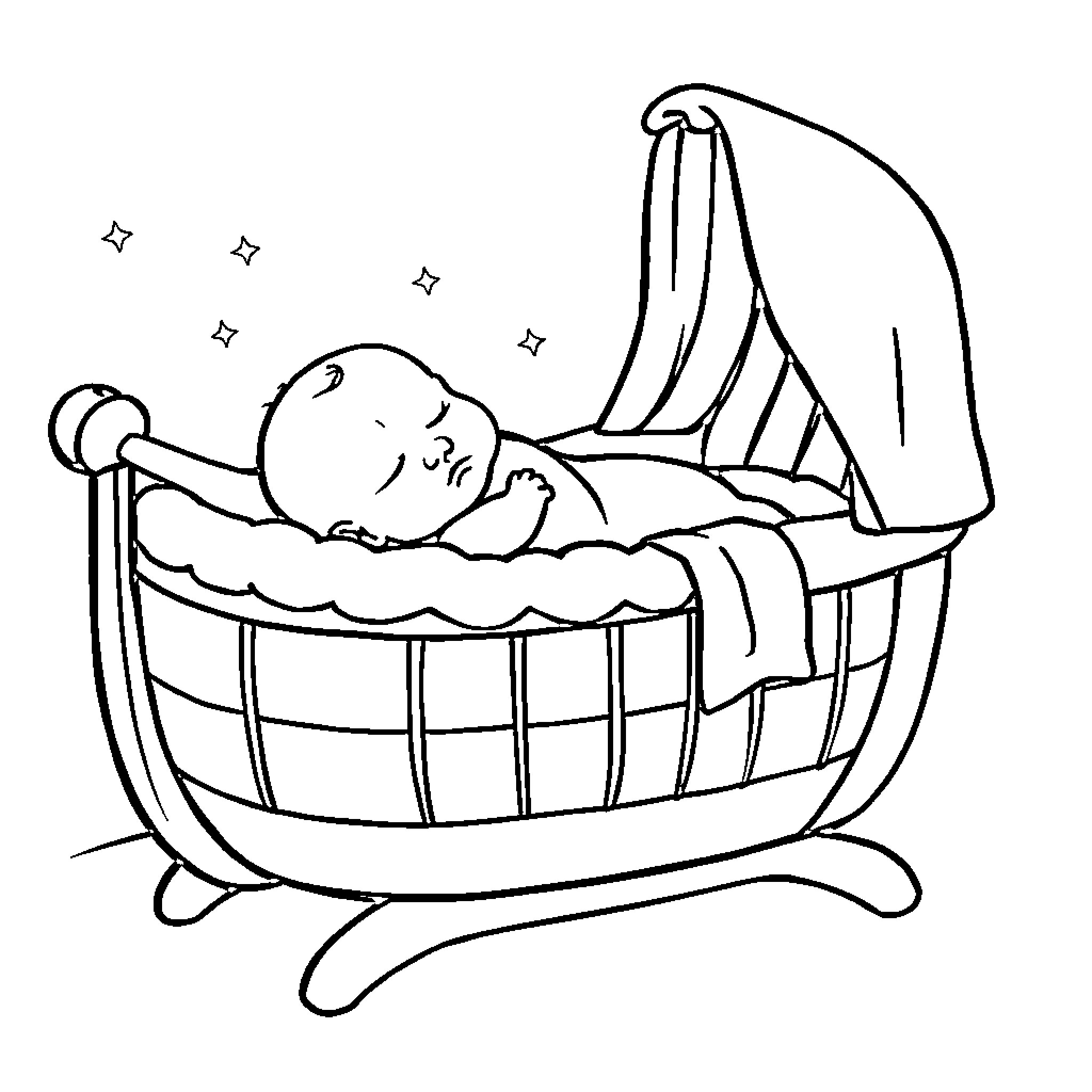 Baby sleeping peacefully in crib Coloring Page (free black-and-white line drawing printable PDF for all, from beginners to advanced learners, including children, teens, adults, and seniors)