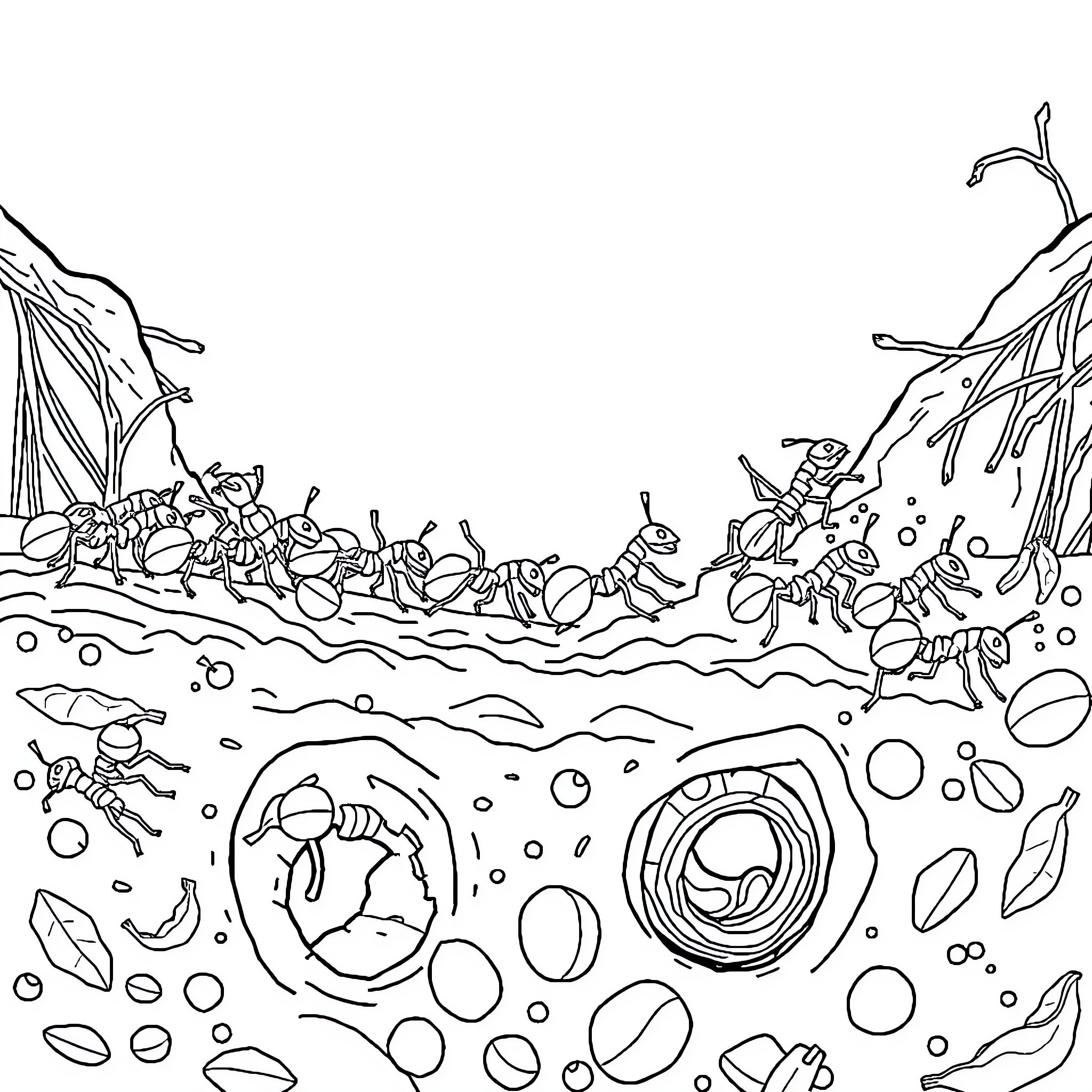 Ants exploring intricate underground burrow Coloring Page (free black-and-white line drawing printable PDF for all, from beginners to advanced learners, including children, teens, adults, and seniors)