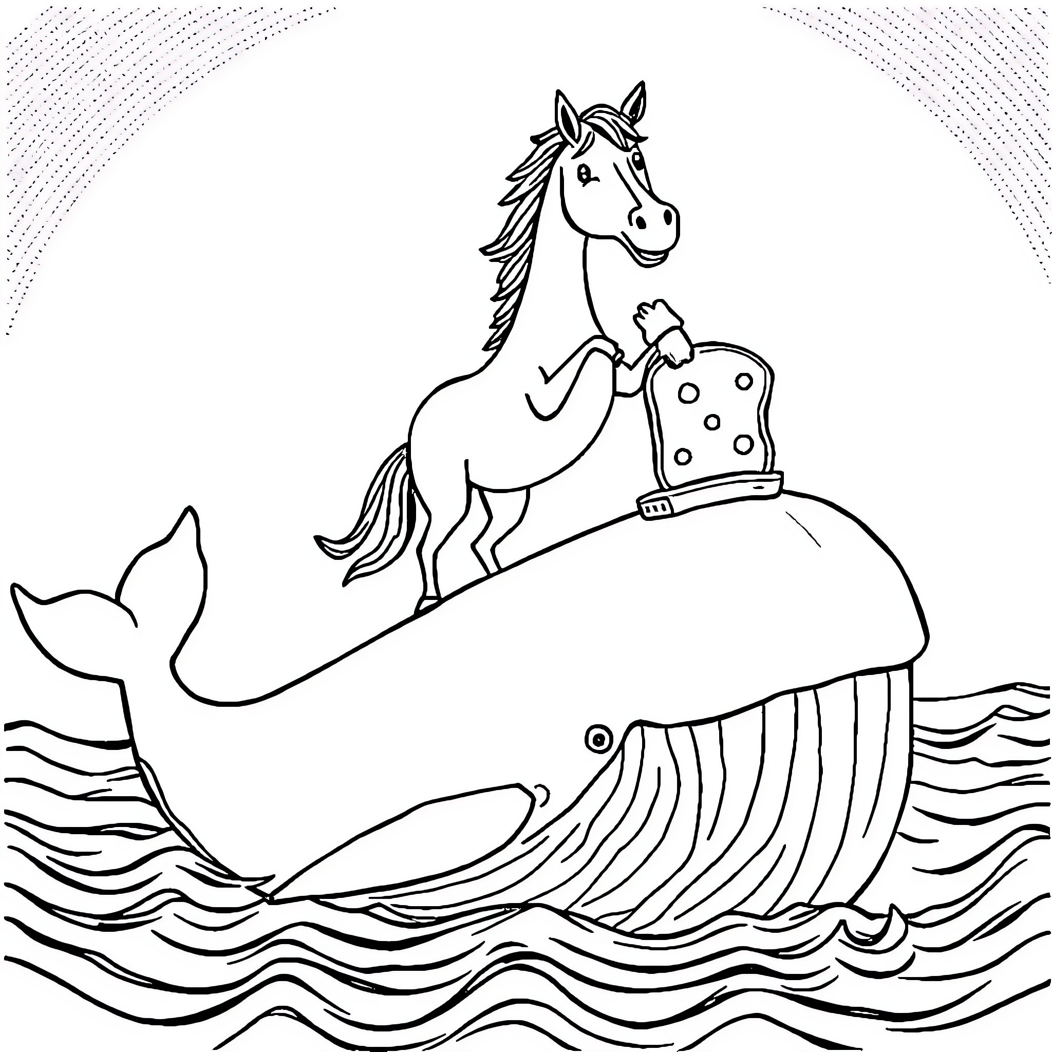 Horse riding a spotted whale in the ocean Coloring Page (free black-and-white line drawing printable PDF for all, from beginners to advanced learners, including children, teens, adults, and seniors)