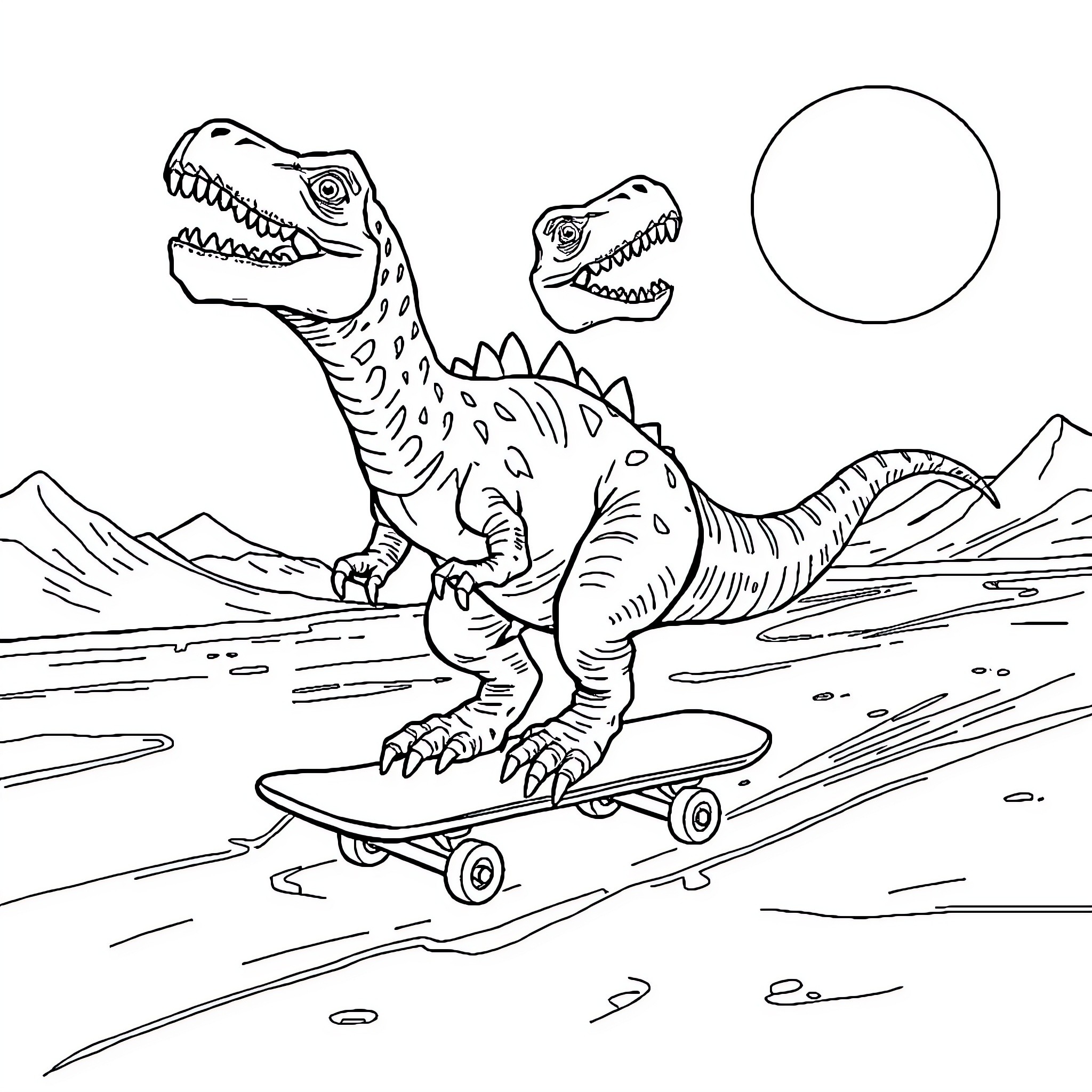 Dinosaur riding skateboard in the wild Coloring Page (free black-and-white line drawing printable PDF for all, from beginners to advanced learners, including children, teens, adults, and seniors)
