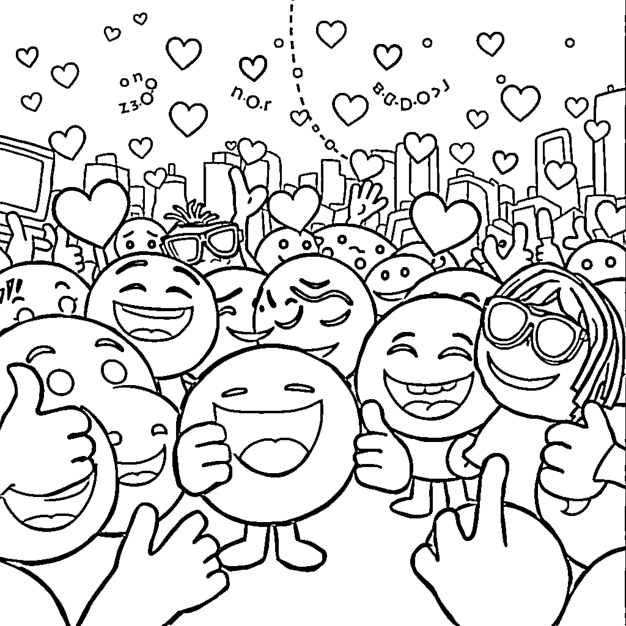 Emoji Celebration of Love and Happiness Coloring Page (free black-and-white line drawing printable PDF for all, from beginners to advanced learners, including children, teens, adults, and seniors)