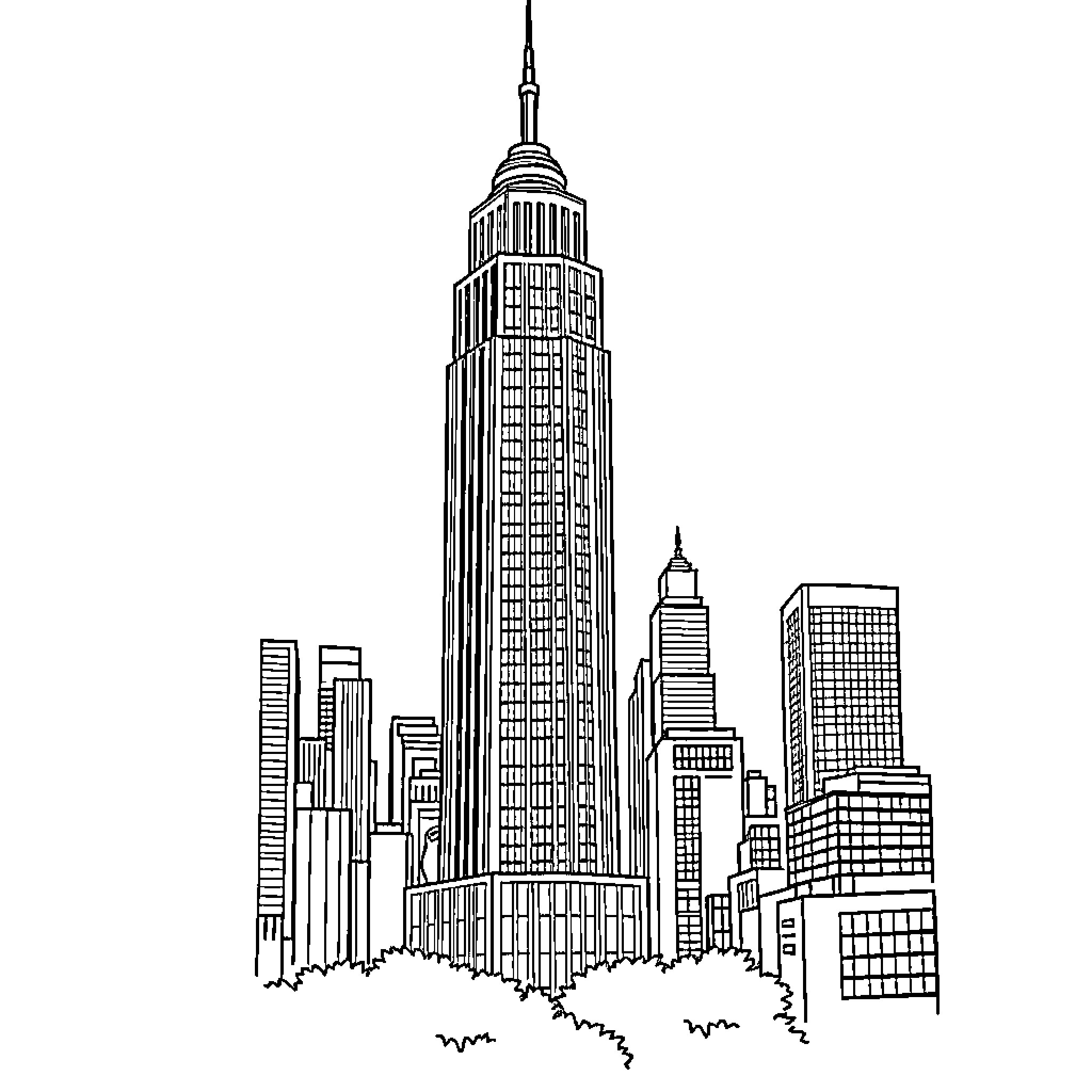 Seven Skyscrapers Reaching Towards the Sky Coloring Page (free black-and-white line drawing printable PDF for all, from beginners to advanced learners, including children, teens, adults, and seniors)