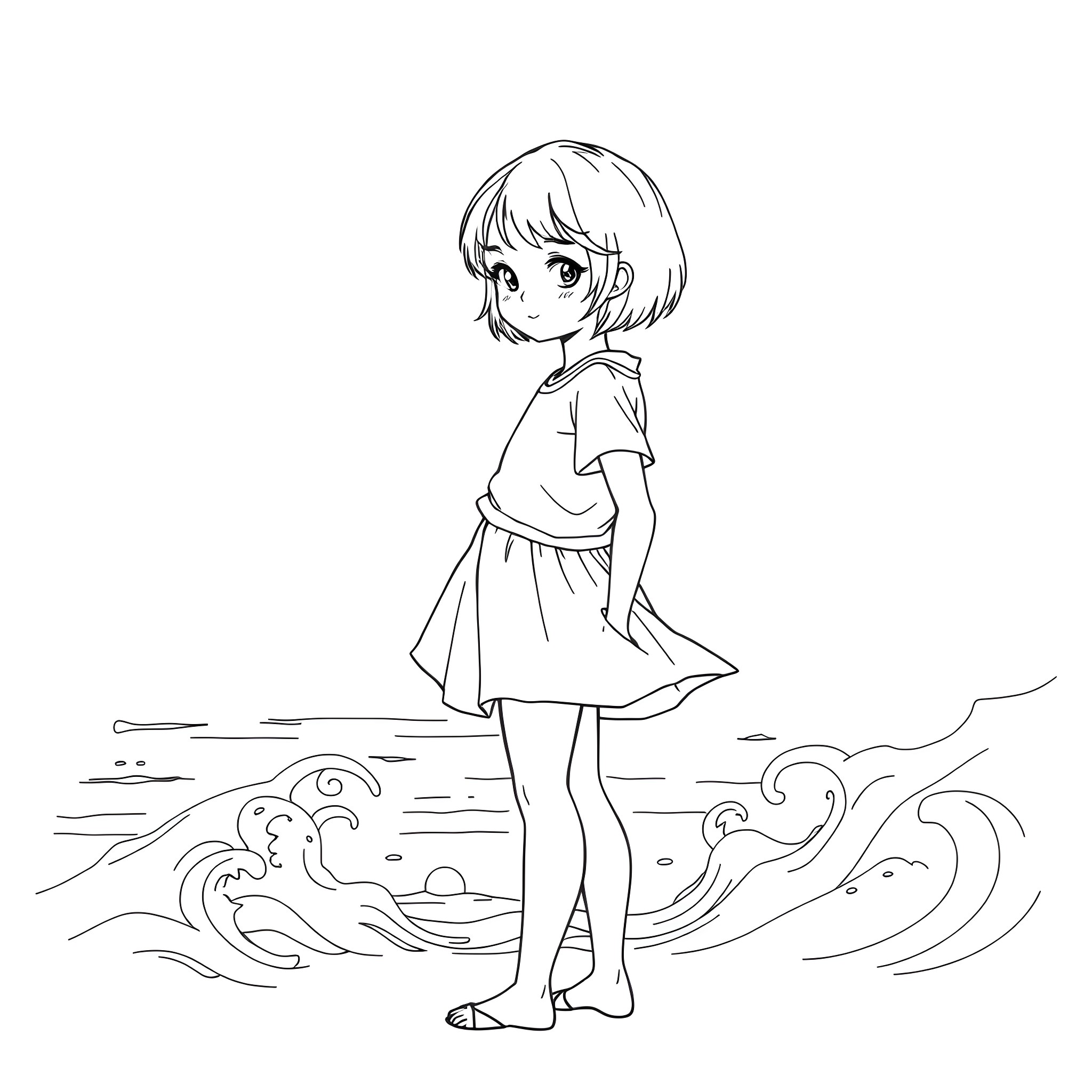 Girl standing on beach with waves Coloring Page (free black-and-white line drawing printable PDF for all, from beginners to advanced learners, including children, teens, adults, and seniors)