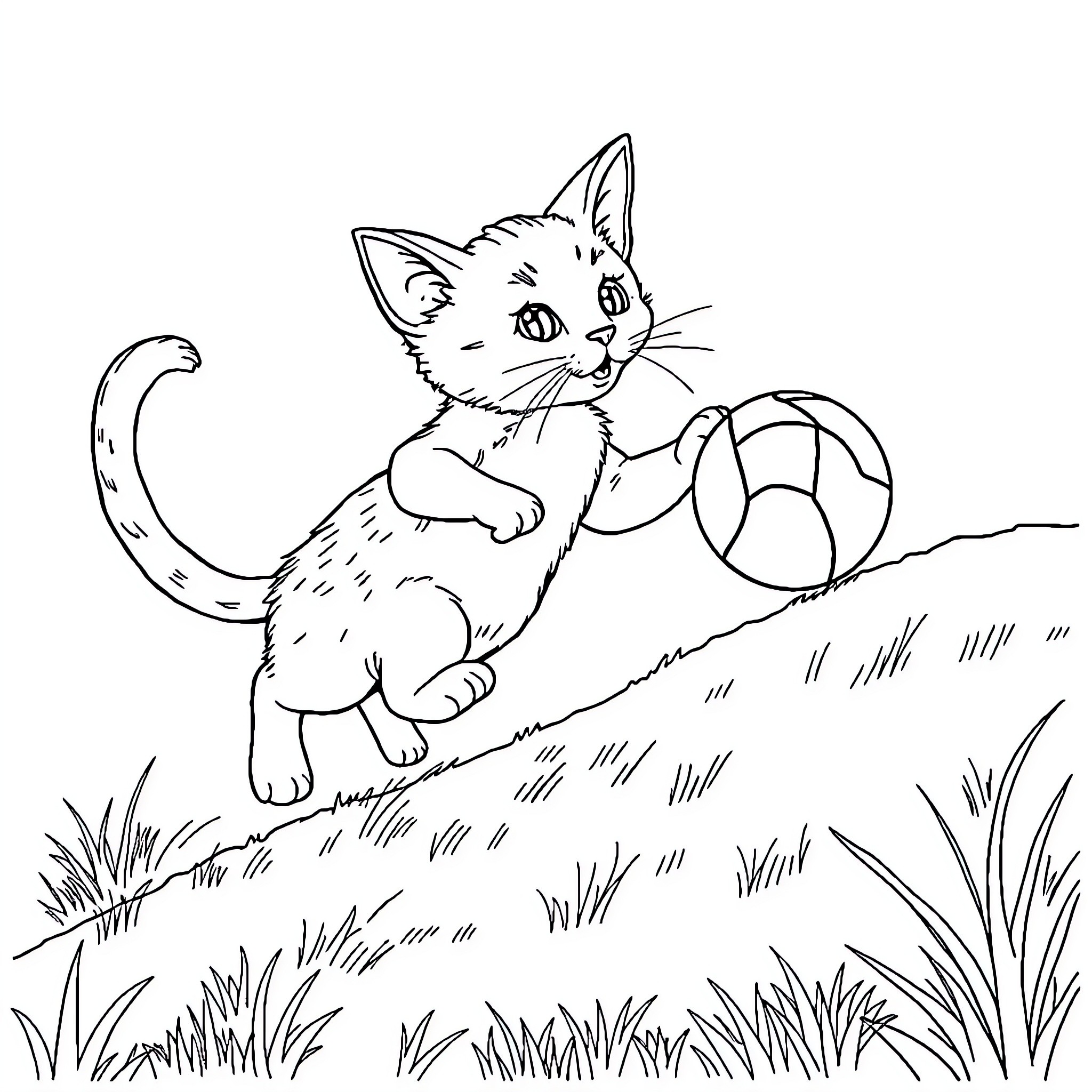 Kitten playing with ball on grassy field Coloring Page (free black-and-white line drawing printable PDF for all, from beginners to advanced learners, including children, teens, adults, and seniors)