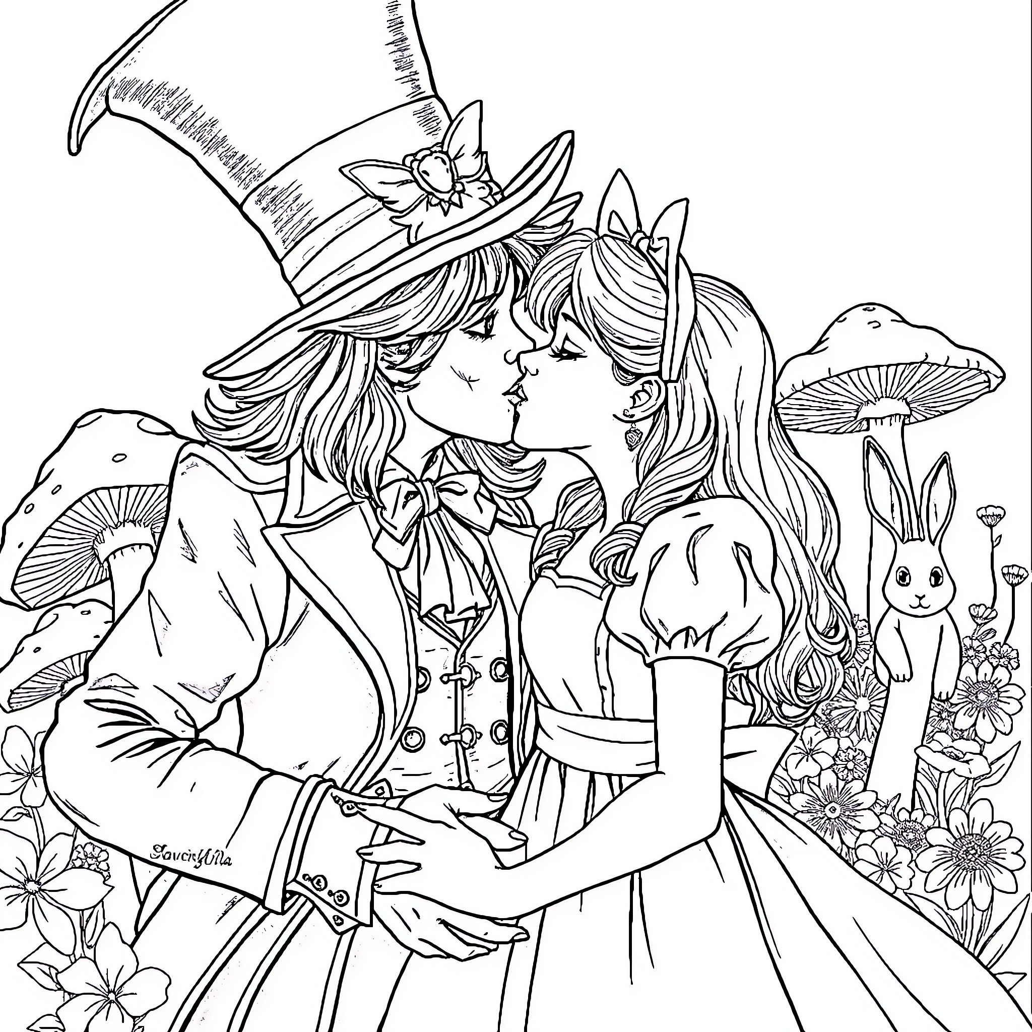 Alice's Enchanting Rendezvous in the Whimsical Garden Coloring Page (free black-and-white line drawing printable PDF for all, from beginners to advanced learners, including children, teens, adults, and seniors)